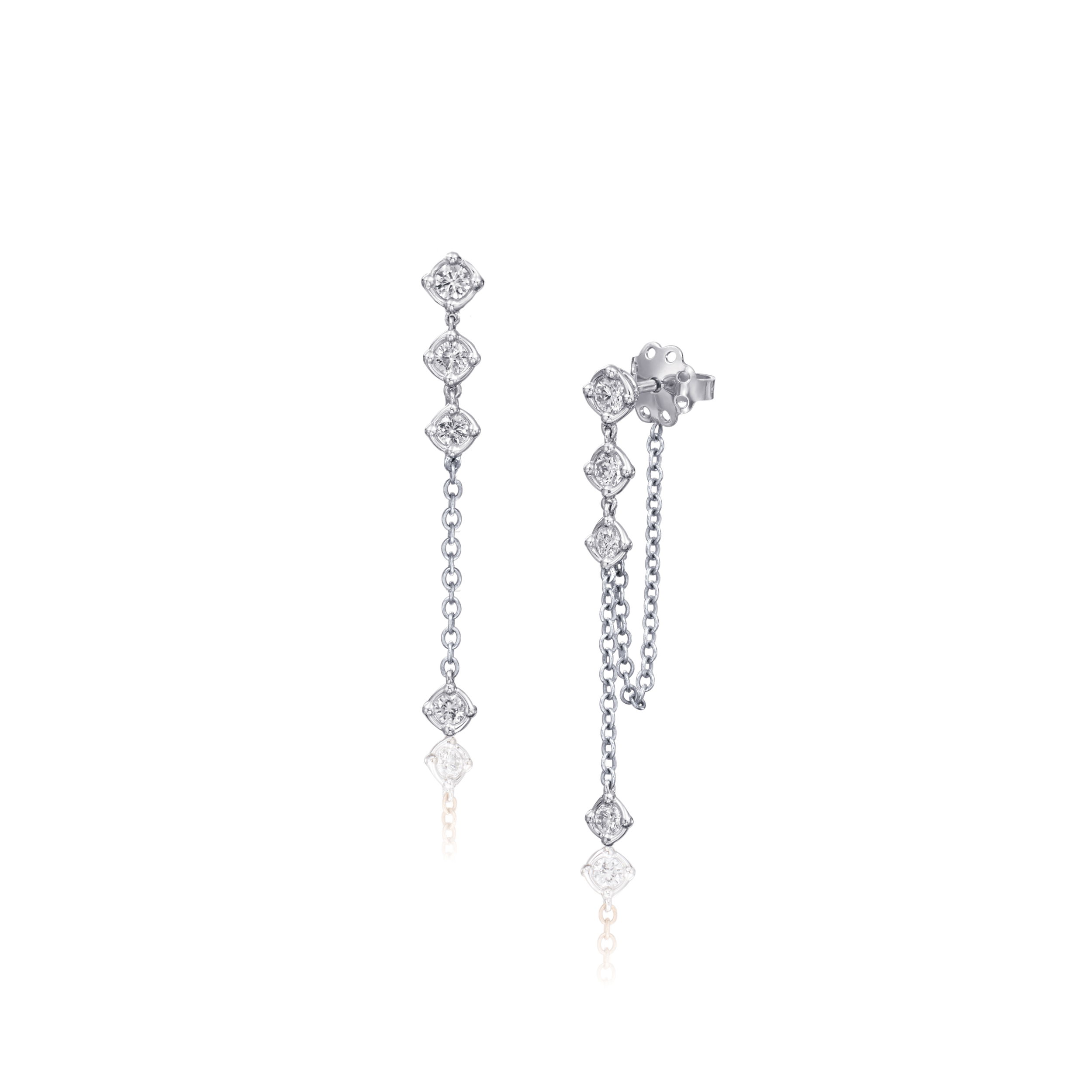 These dangle chain earrings feature delicate stationary diamonds that catch the light with every movement. Their sleek design adds a touch of sophistication, making them an elegant and modern accessory for both everyday wear and special occasions.-18k White gold-Round diamonds, 0.56ctsItem# 805-2000247 Chain Dangle Earrings
