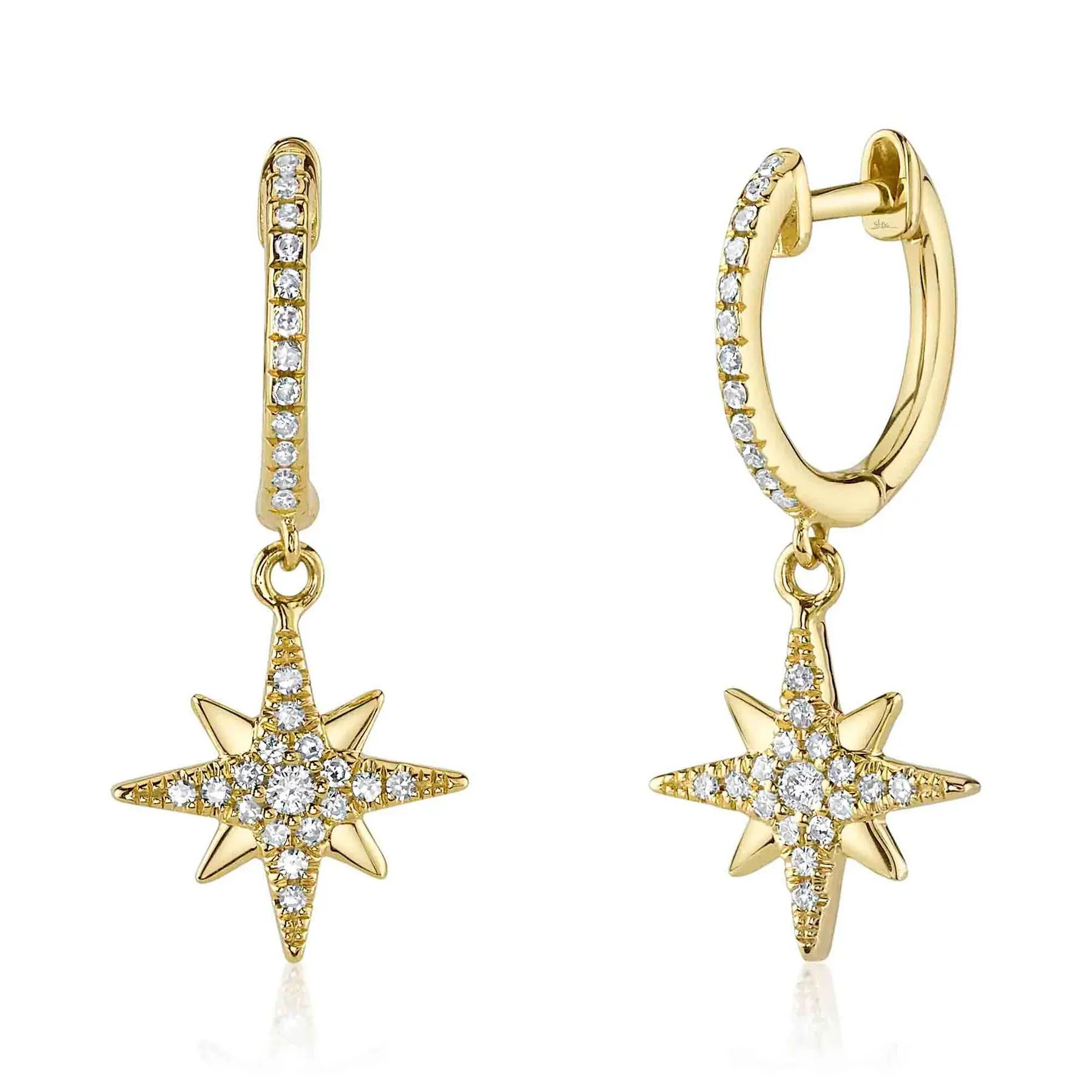 A sleek design with a bold presence that effortlessly commands attention. All Shy Creation diamonds are natural and hand-selected. All stones are unique and hand set. As a result, you can expect slight variations in the shade, hue, tint of the color stones and stone count.-14k Yellow gold-Round diamonds, 0.19ctsItem# 805-2000255 Diamond North Star Earrings