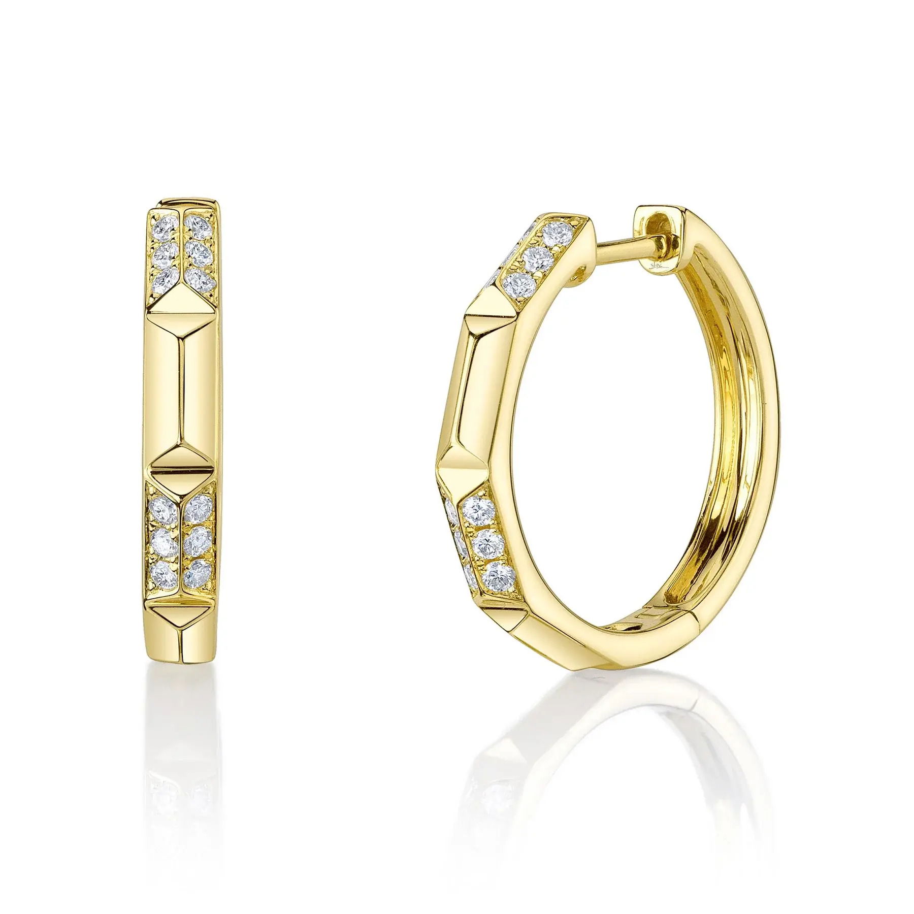 Designed for versatility, this piece pairs effortlessly with any look, day or night. All Shy Creation diamonds are natural and hand-selected. All stones are unique and hand set. As a result, you can expect slight variations in the shade, hue, tint of the color stones and stone count.-14k Yellow gold-Round diamonds, 0.24cts-Dimensions, 0.75" diameterItem# 805-2000256 Diamond Geometric Cut Hoop Earrings