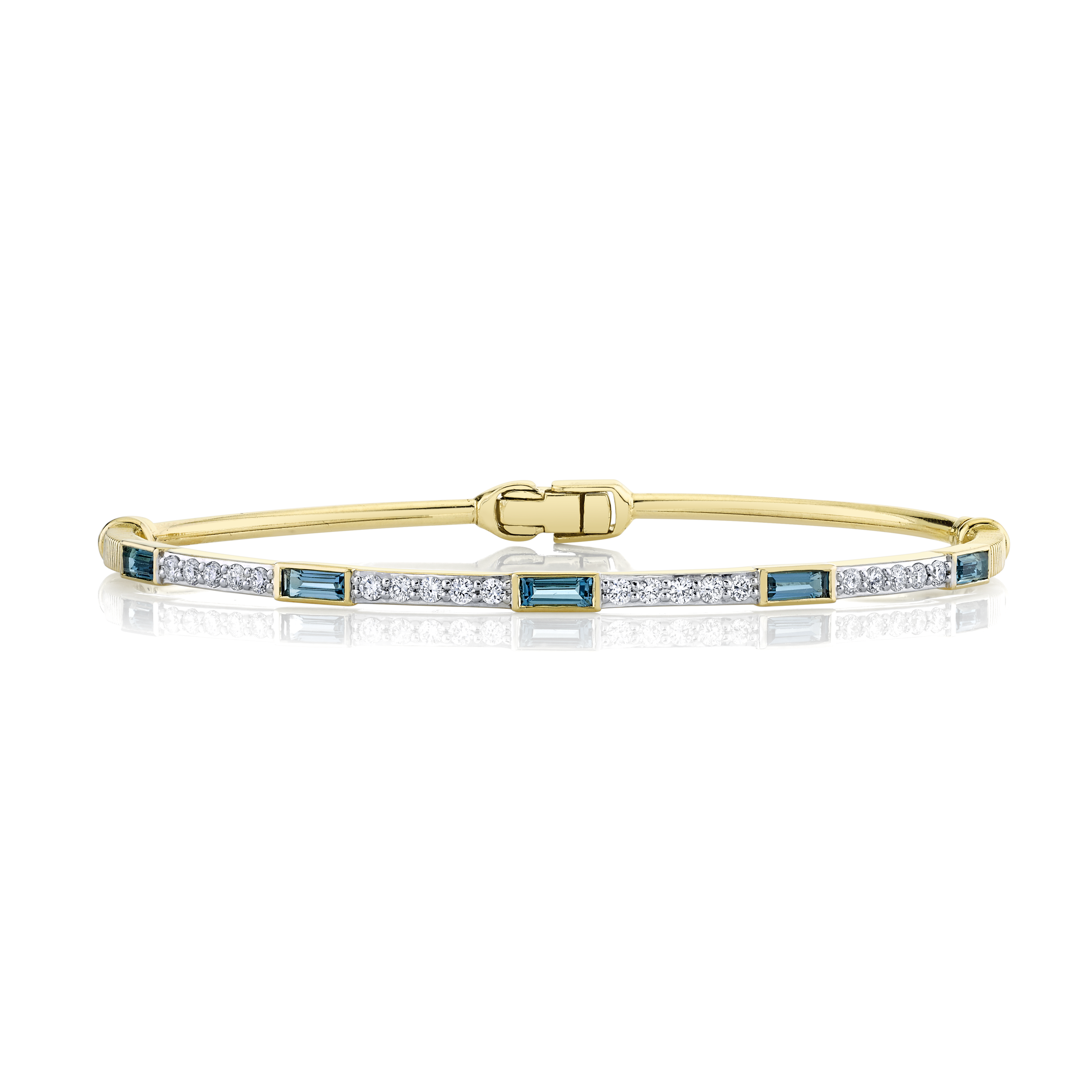 Designed in beautiful Southern California, complete your look with this versatile piece, the perfect finishing touch to any ensemble or bracelet stack.-18k Yellow gold-Baguette London blue topaz, 0.82cts-Round white diamonds, 0.44cts-Size 6.5Item# 808-2000129 London Blue Topaz Baguette Bracelet with White Diamond Detail