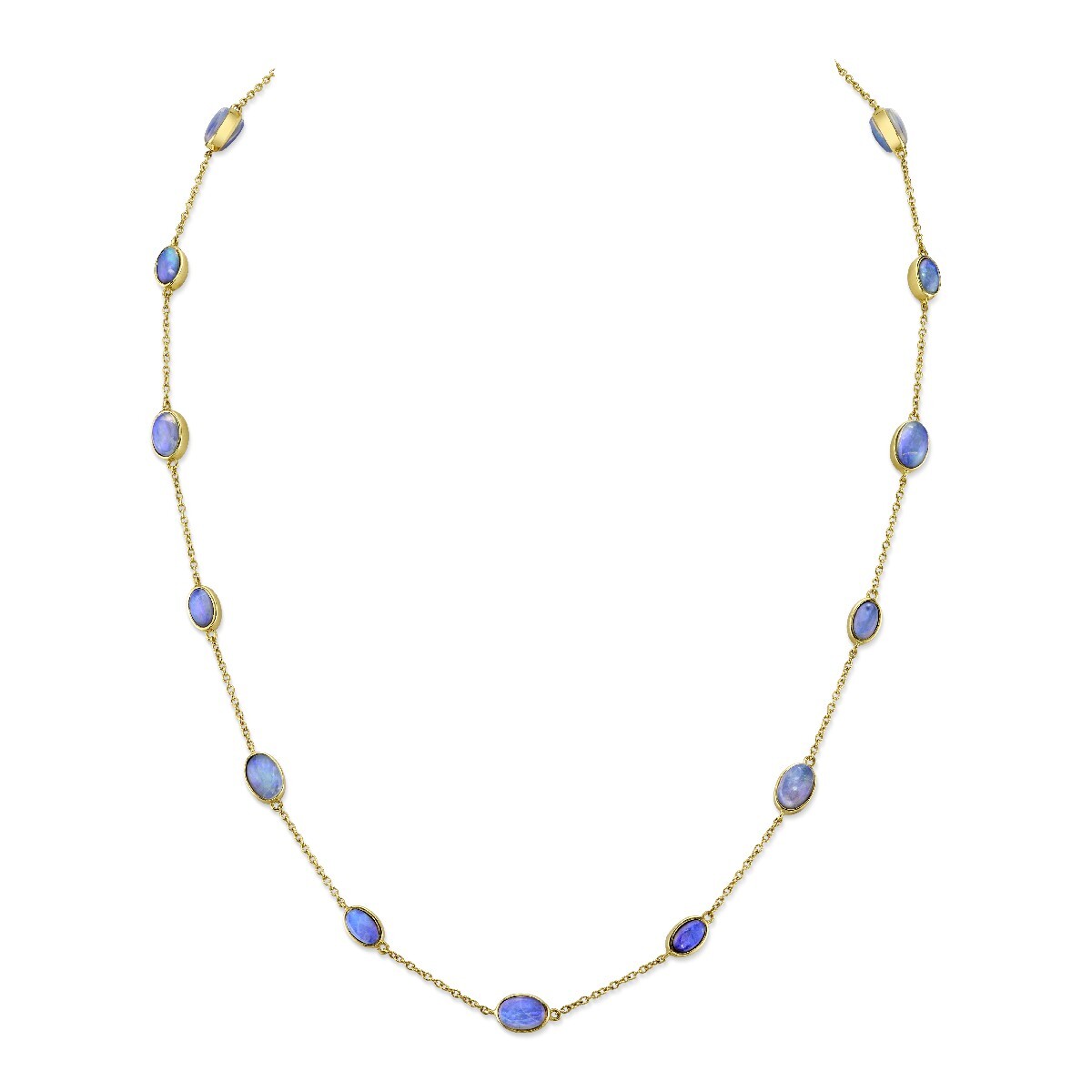 Inspired by and created in Southern California, this piece strikes the perfect balance between bold and understated, offering a look that’s truly unique.-18k Yellow gold-Oval Ethiopian double sided Opals, 6.90cts-Chain length, 16"-18"Item# 807-2000146 Multi-Station Double-Sided Ethiopian Opal on Boston Chain