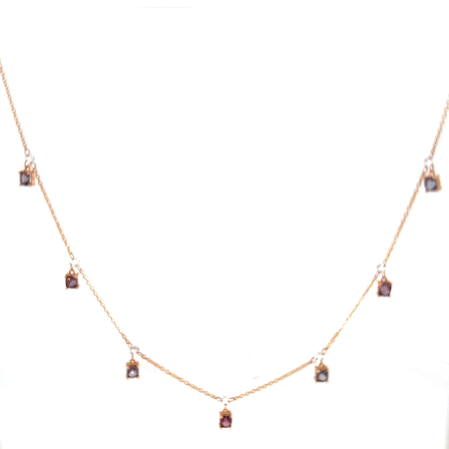 Crafted with care in Southern California, this piece features delicate details that create a look of refined elegance.-18k Rose gold-Rose cut white diamonds, 0.42cts-Princess pink grey spinels, 2.46cts-Chain length, 16"-18"Item# 807-2000147 Rose-Cut Diamond Chain with Dangling Pink Grey Spinels
