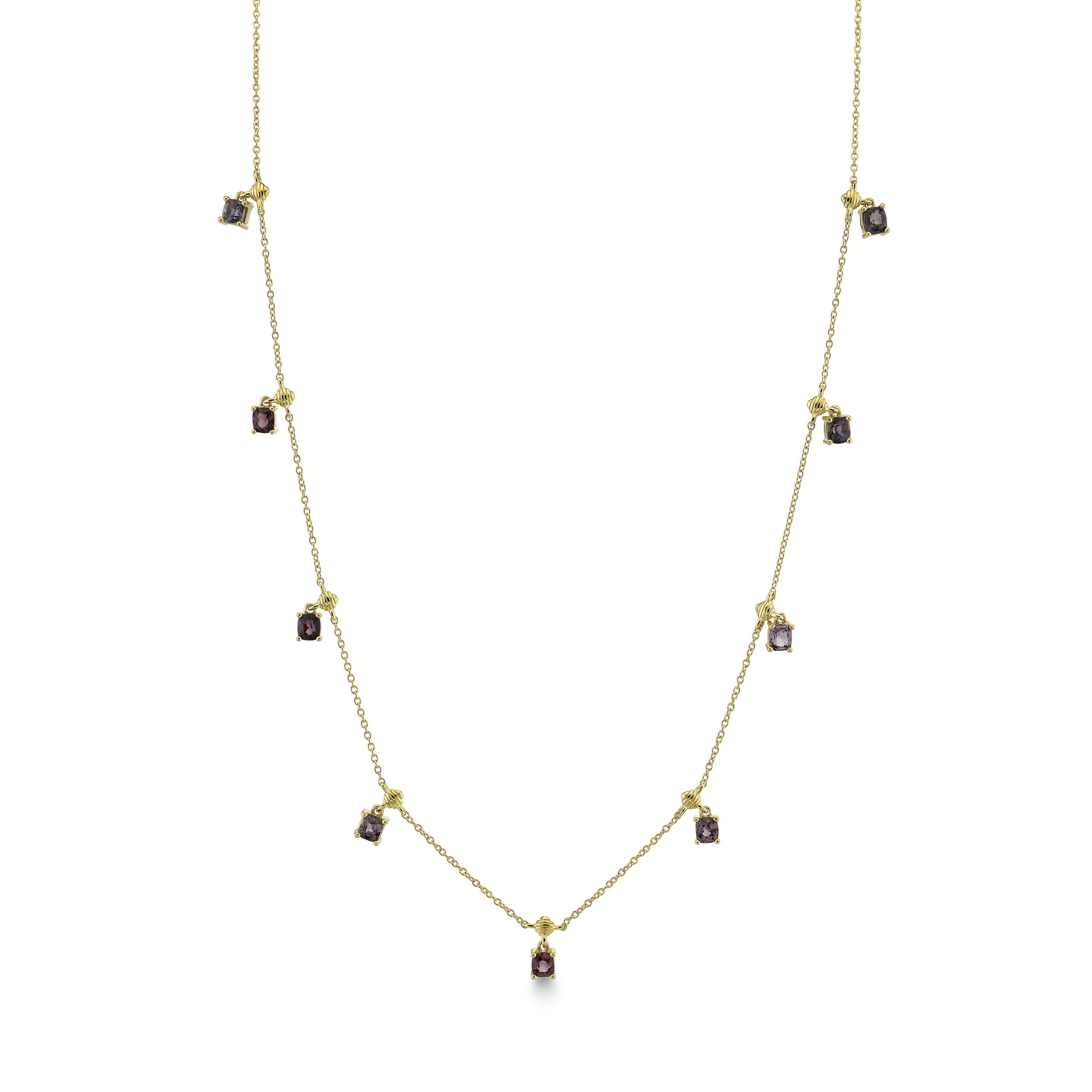 Carefully crafted in Southern California, each detail of this piece is thoughtfully crafted to create a look of true elegance.-18k Yellow gold-Round pink grey spinels, 2.57cts-Chain length, 16"-18"Item# 807-2000148 Strie Cushion Chain with Dangling Pink Grey Spinels