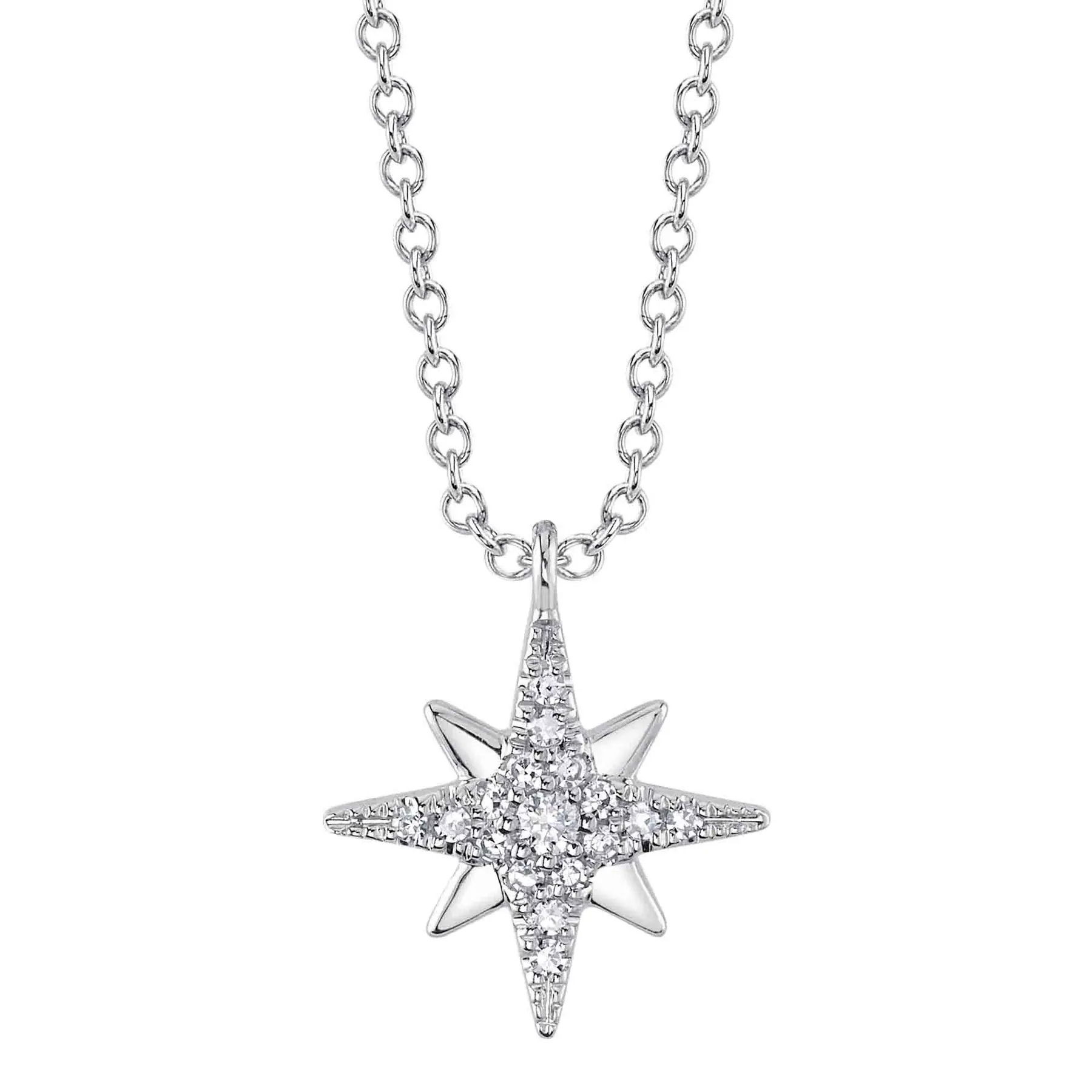 A sleek design with a bold presence that effortlessly commands attention. All Shy Creation diamonds are natural and hand-selected. All stones are unique and hand set. As a result, you can expect slight variations in the shade, hue, tint of the color stones and stone count.-14k White gold-Round diamonds, 0.06cts-Chain length, 15"-18" on adjustable chainItem# 807-2000156 Diamond North Star Necklace