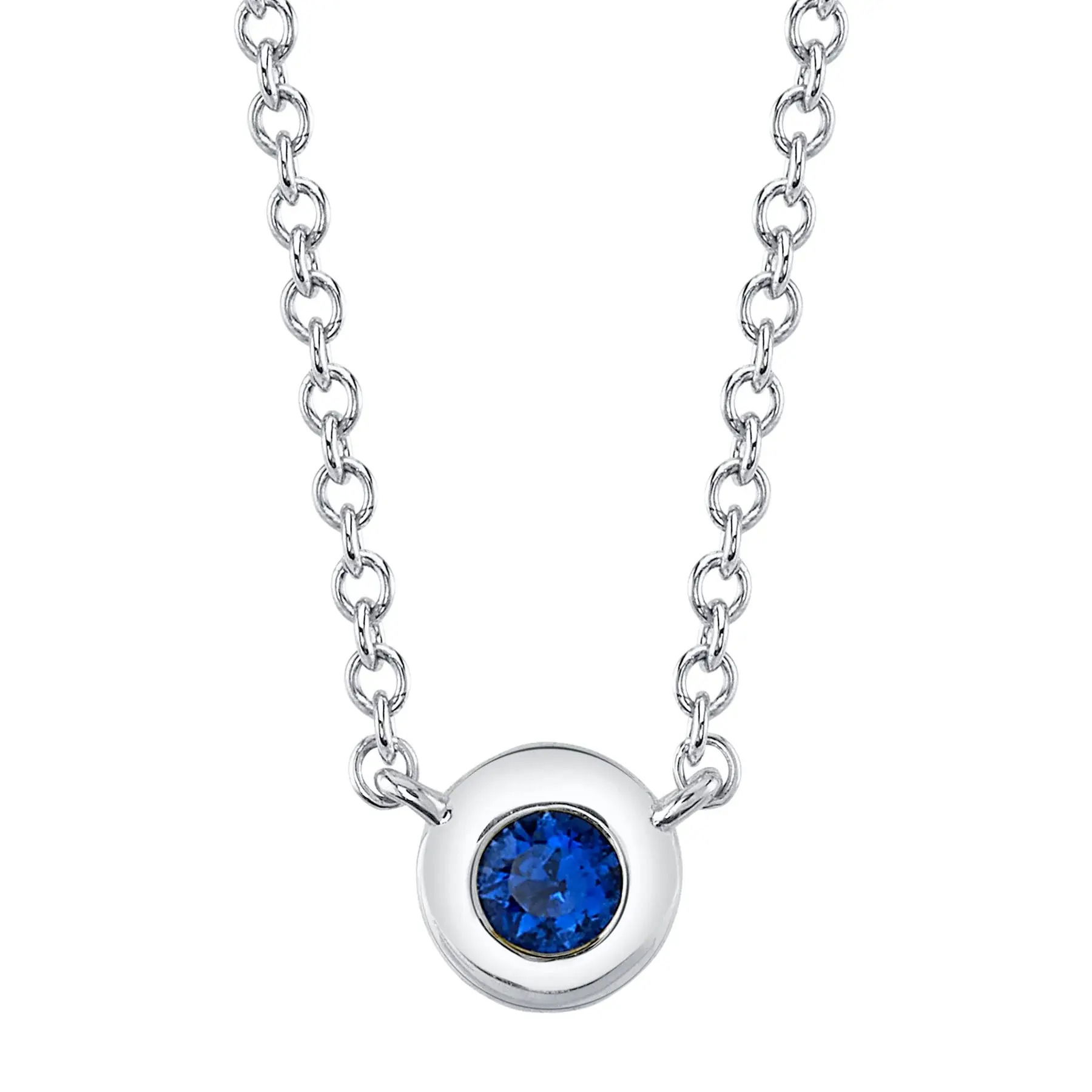 Elevate your style with this timeless piece, made to complement any wardrobe. All Shy Creation diamonds are natural and hand-selected. All stones are unique and hand set. As a result, you can expect slight variations in the shade, hue, tint of the color stones and stone count.-14k White gold-Blue sapphire, 0.07ct-Chain length, 15"-18"Item# 807-2000150 Blue Sapphire Bezel Necklace
