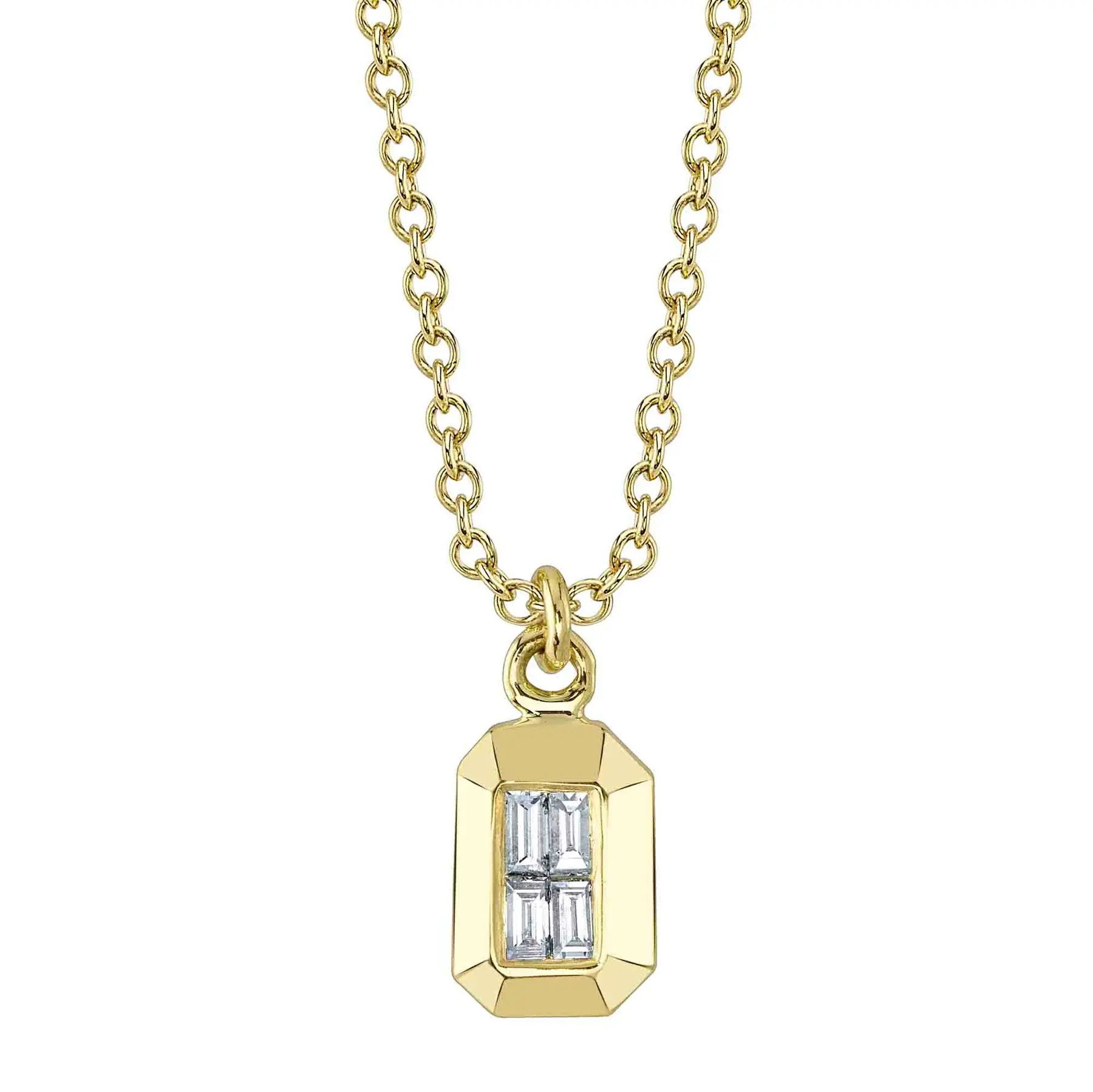 With its sleek, sophisticated design, this piece is perfect for both casual and formal occasions. All Shy Creation diamonds are natural and hand-selected. All stones are unique and hand set. As a result, you can expect slight variations in the shade, hue, tint of the color stones and stone count.-14k Yellow gold-Baguette diamonds, 0.07cts-Chain length, 15"-18"Item# 807-2000151 Diamond Baguette Geo Cut Necklace