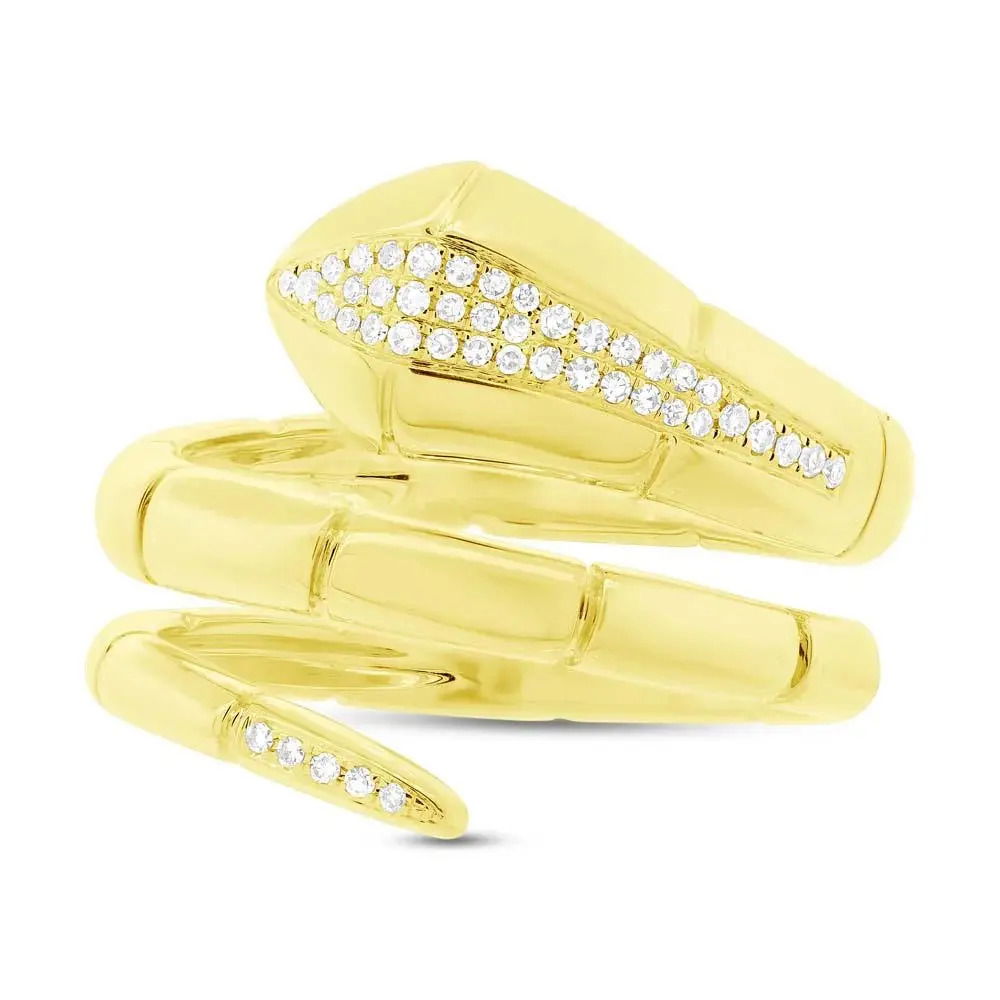 Crafted to captivate, this piece starts conversations and draws admiration with its impeccable design. All Shy Creation diamonds are natural and hand-selected. All stones are unique and hand set. As a result, you can expect slight variations in the shade, hue, tint of the color stones and stone count.-14k Yellow gold-Round diamonds, 0.11cts-Dimensions, 0.65"W-Size 7Item# 804-2000114 Diamond Snake Ring