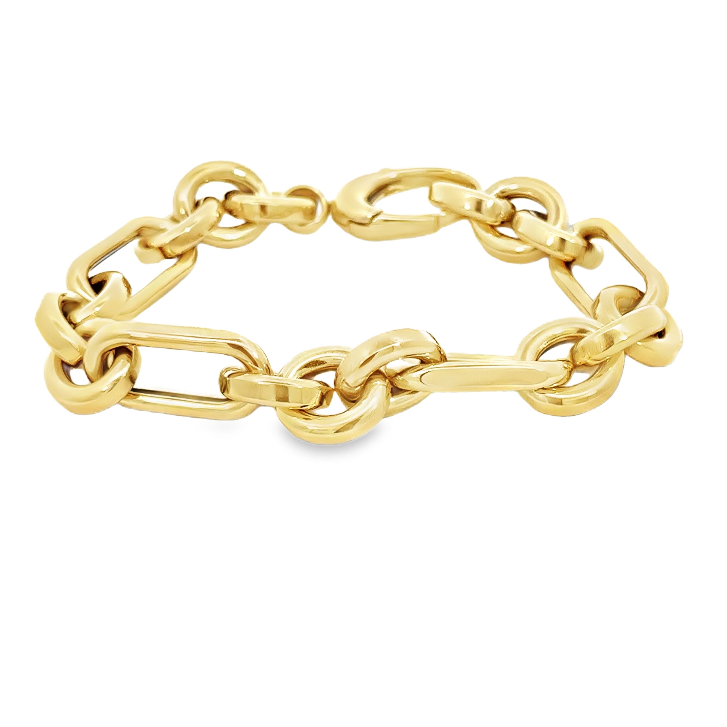 This polished gold bracelet features alternating links, creating a dynamic and stylish design. Its sleek and timeless look makes it a versatile piece, perfect for any occasion.-14k Yellow goldItem# 808-2000132 Alternating Link Bracelet