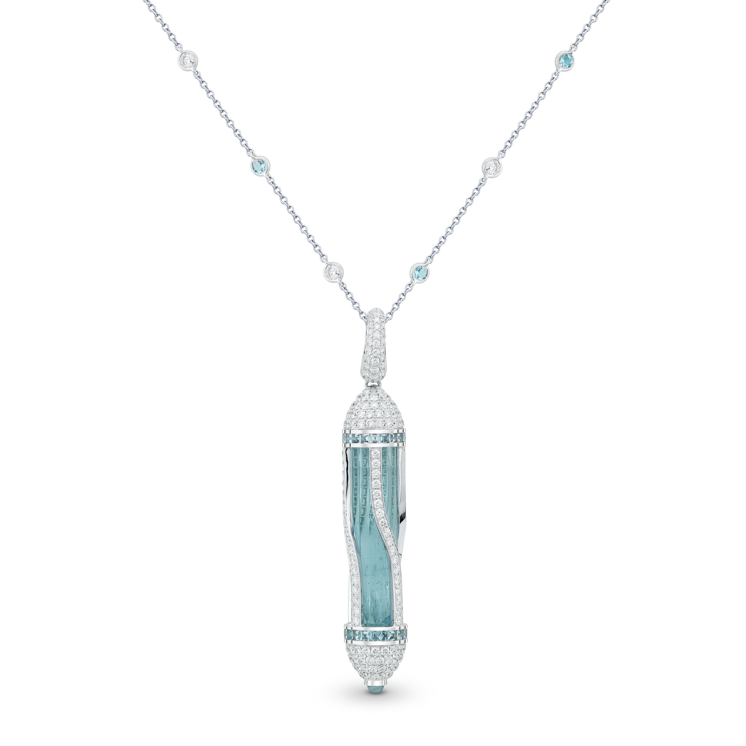 This pendant showcases a beautiful aquamarine, accented by sparkling round diamonds set in 18k white gold. Its soft blue hue and delicate sparkle make it a perfect piece for adding a touch of elegance to any look.-18k White gold-Aquamarine, 33.27cts-Round diamonds, D-F/VS+ 6.26ctsItem# 235-2000012 Aquamarine Kryptonite Pendant