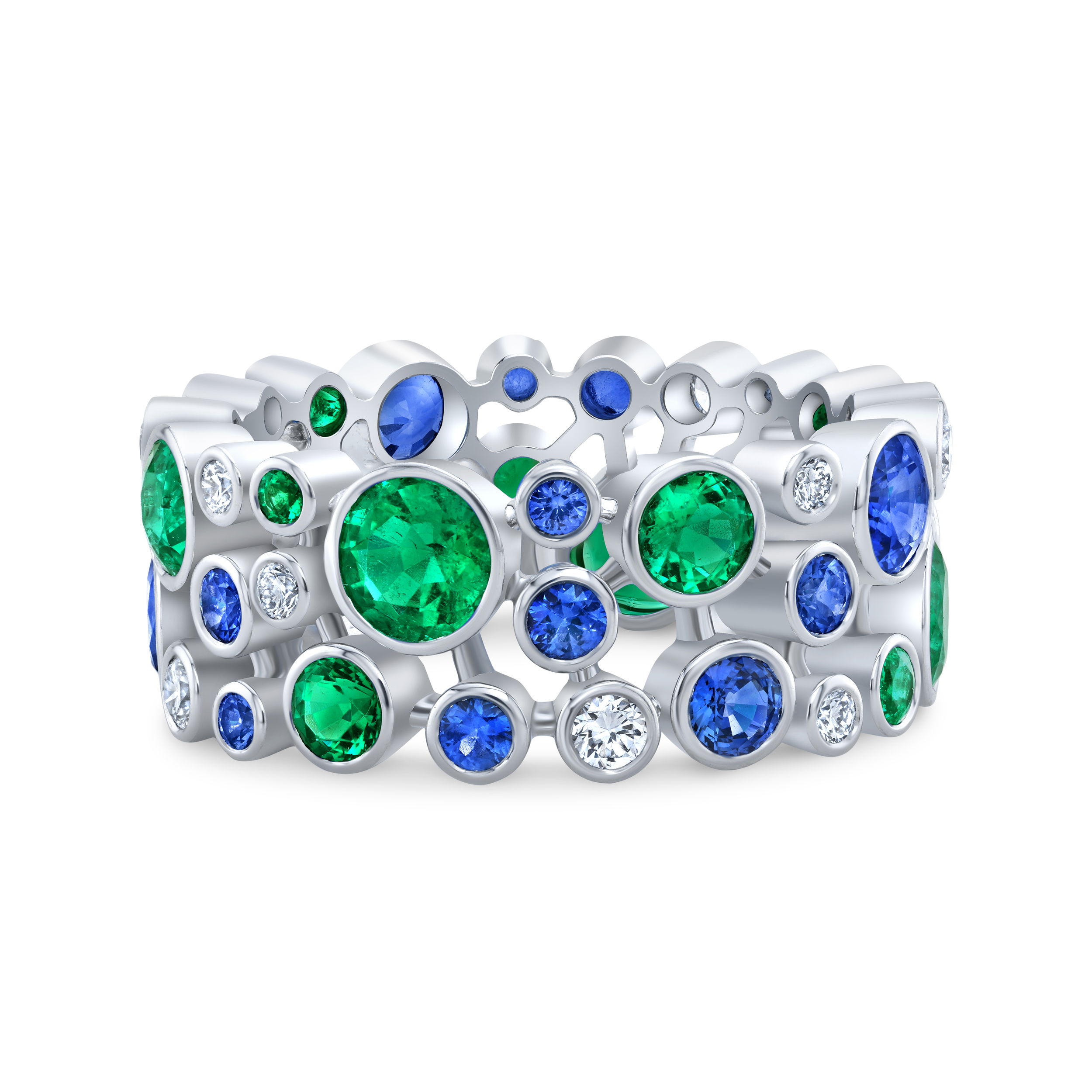 This 18k white gold ring features a stunning arrangement of emeralds, sapphires, and diamonds. Elegant and vibrant, it’s a captivating piece that adds both color and sparkle to any collection.-18k White gold-Emeralds, 1.85cts-Sapphire, 2.09cts-Diamonds, 0.37cts-Size 7Item# 200-2000031 De La Vie Eternity Ring