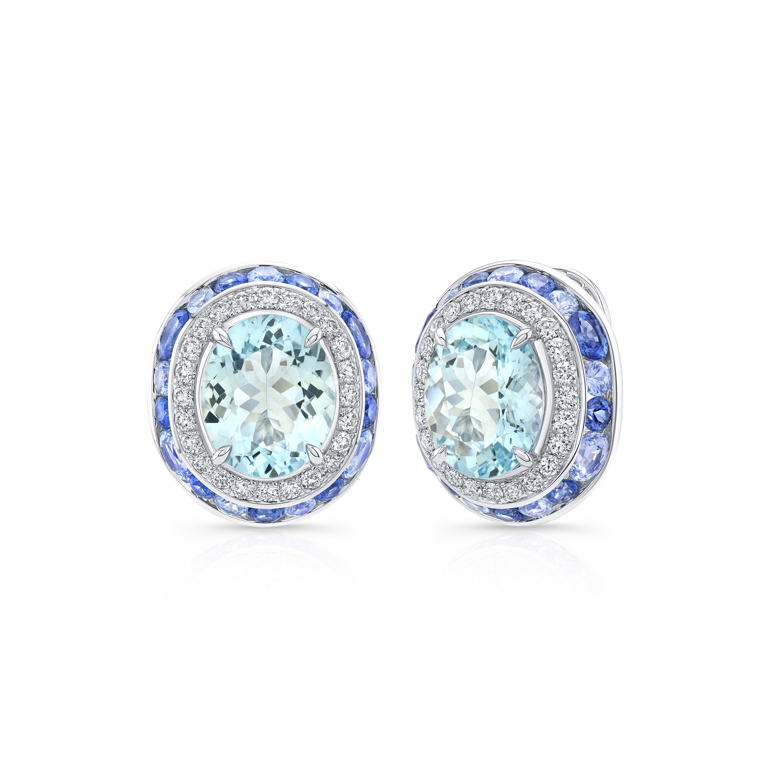 These 18k white gold earrings showcase a beautiful blend of aquamarine, sapphire, and sparkling round diamonds. With their harmonious colors and refined sparkle, they bring a sophisticated touch to any look.-18k White gold-Aquamarine, 7.16cts-Sapphire, 3.88cts-Round diamonds, D-F/VS+ 1.33ctsItem# 210-2000027 Aquamarine Jubilee Earrings