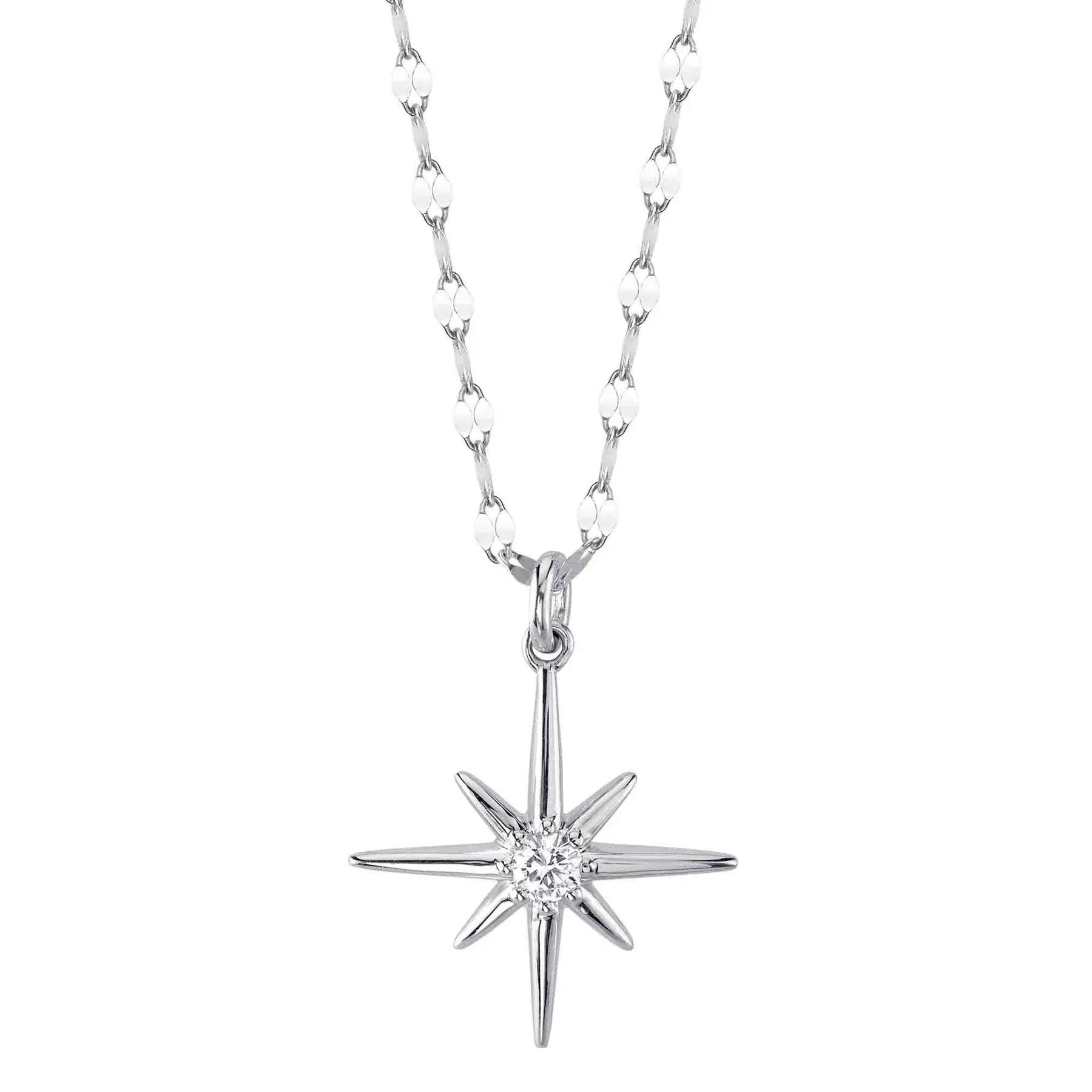This piece transitions seamlessly from day to night, adding elegance to any outfit. All Shy Creation diamonds are natural and hand-selected. All stones are unique and hand set. As a result, you can expect slight variations in the shade, hue, tint of the color stones and stone count.-14k White gold-Round diamonds, 0.08ct-Chain length, 15"-18"Item# 807-2000163 North Star Necklace