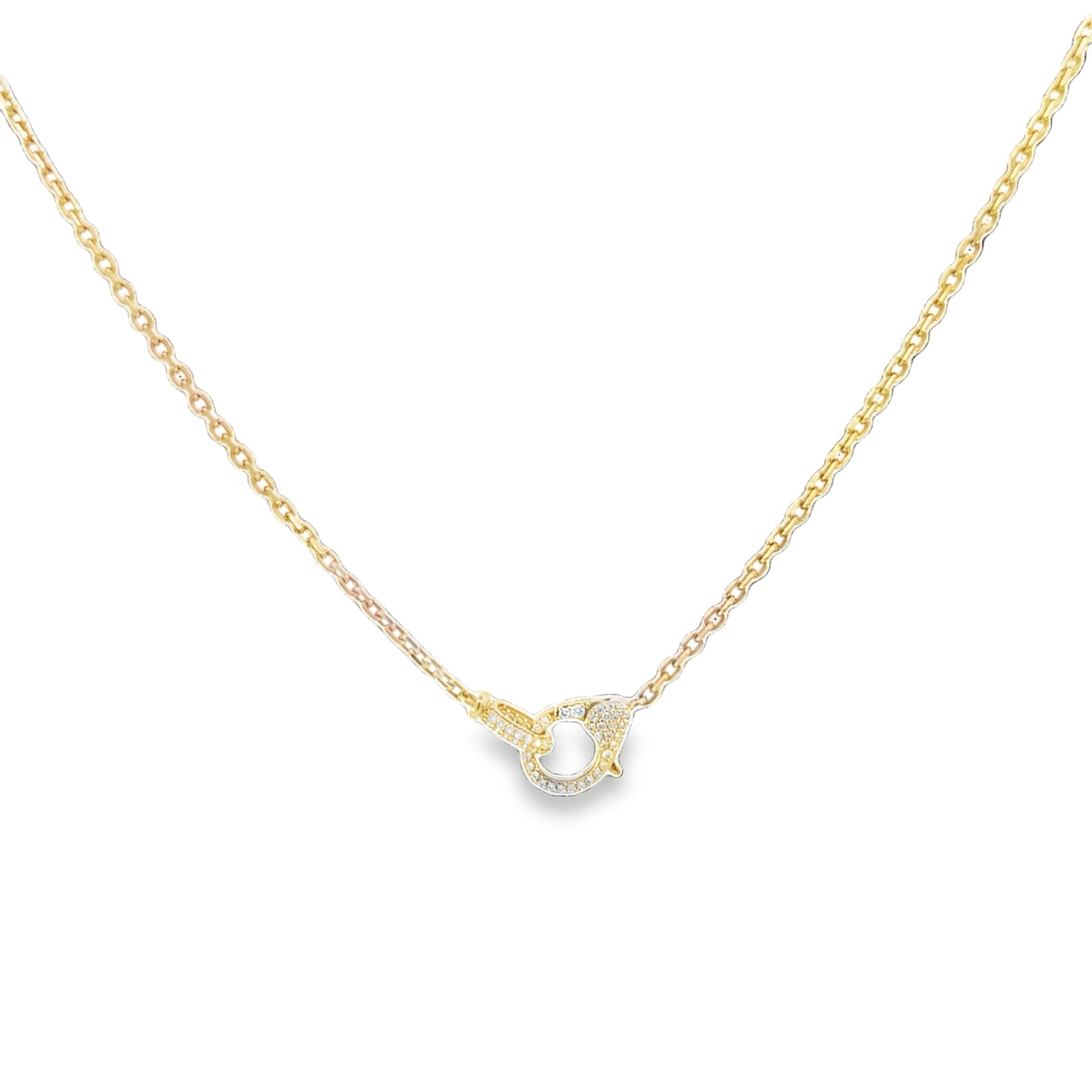 This elegant chain features a pave diamond-adorned clasp and closure, adding a touch of brilliance and sophistication to its sleek design. Perfect for wearing alone or pairing with your favorite pendants and charms, it offers both functionality and style.-14k Yellow gold-Round white diamonds, 0.47cts-Chain length, 18"Item# 807-2000165 Gold Chain With Pave Diamond Clasp