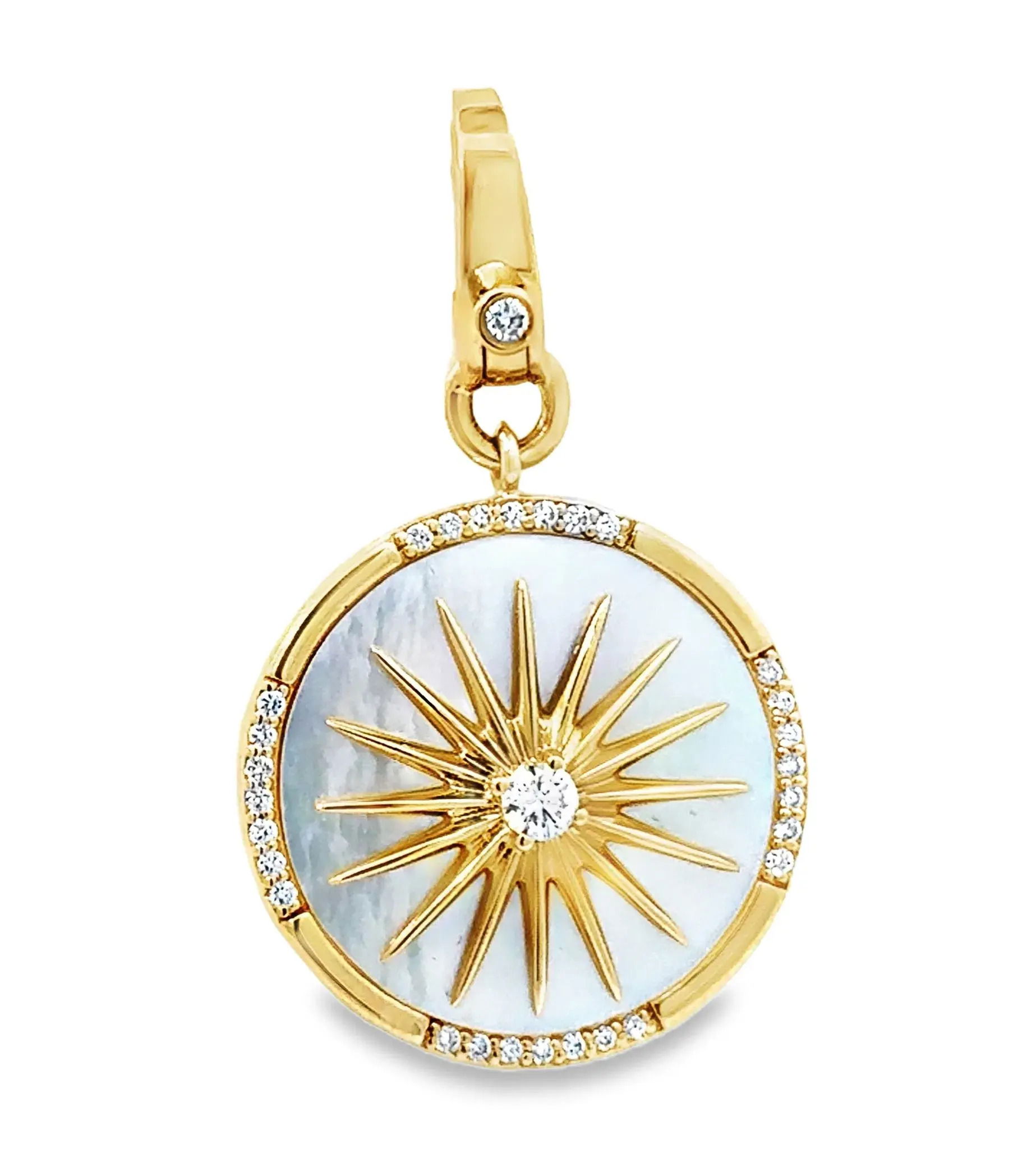 This pendant showcases a luminous mother-of-pearl center, elegantly accented with sparkling diamonds. Designed with a convenient lobster clasp featuring a diamond-accented lever, it seamlessly attaches to your favorite chain for a touch of timeless sophistication.-14k Yellow gold-Mother of pearl, 3.95cts-Round white diamonds, 0.23ctsItem# 806-2000067 Mother of Pearl Pendant