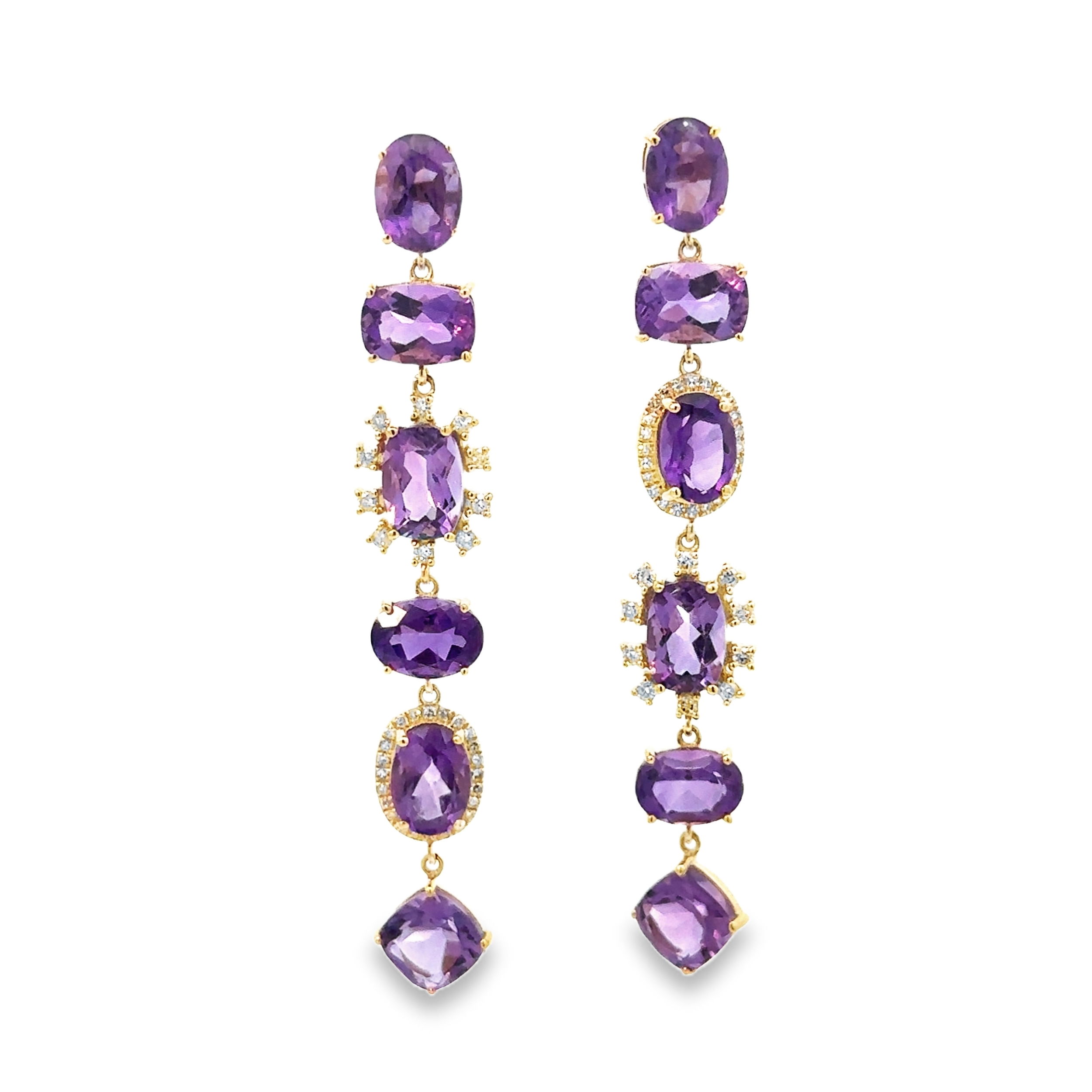 These amethyst drop earrings feature stunning amethyst stones, elegantly suspended for a sophisticated look. Their vibrant purple hue adds a pop of color, making them a timeless and elegant addition to any jewelry collection.-14k Yellow gold-Shaped purple amethyst, 11.08cts-Round white diamonds, 0.36ctsItem# 805-2000268 Amethyst Drop Earrings