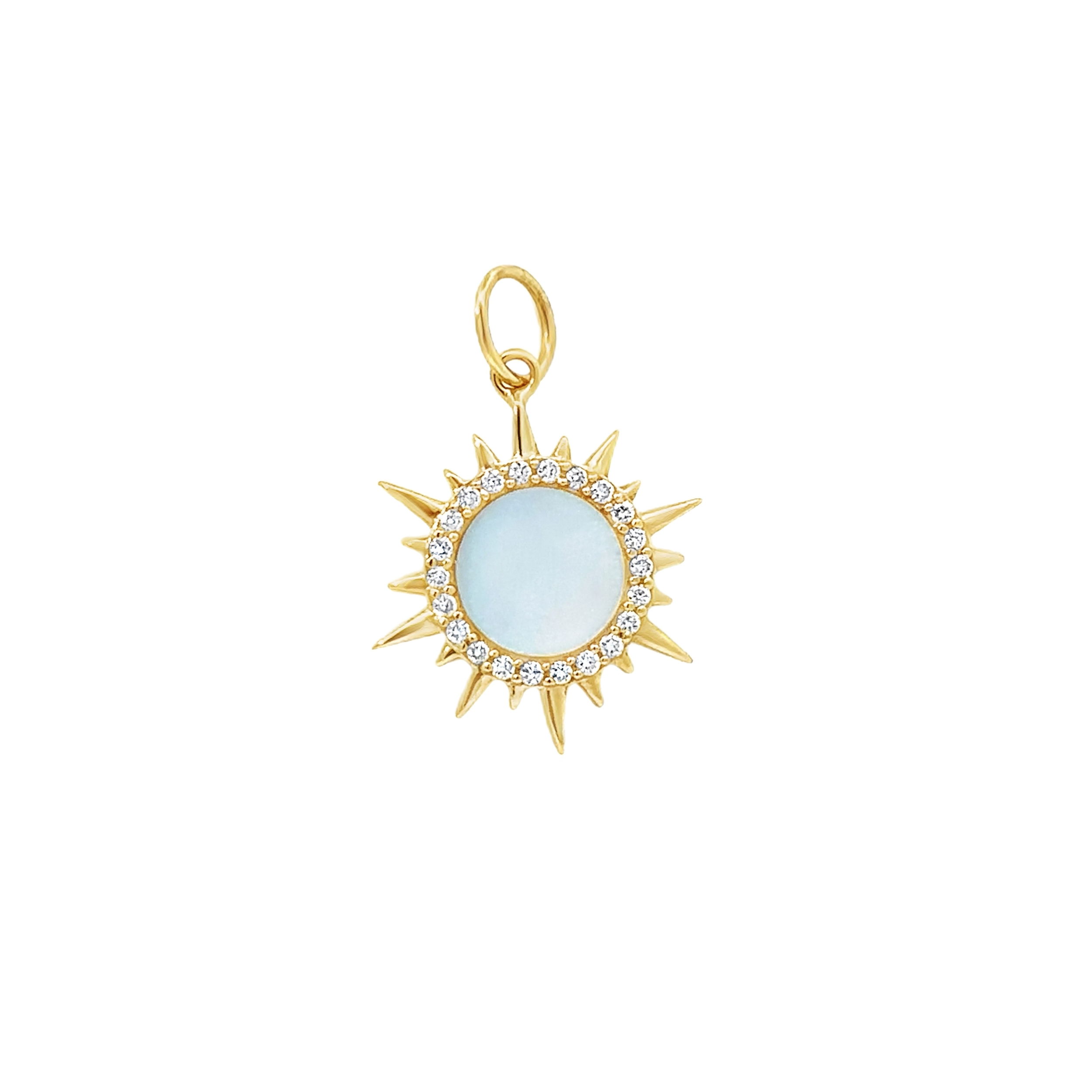 This pendant features a radiant design with a luminous Mother of Pearl center, accented by intricate detailing that mimics the brilliance of a starburst. A perfect blend of elegance and timeless beauty, it adds a sophisticated touch to any collection.-14k Yellow gold-Mother of pearl, 0.39cts-Round white diamonds, 0.08ctsItem# 806-2000072 Mother of Pearl Starburst Pendant