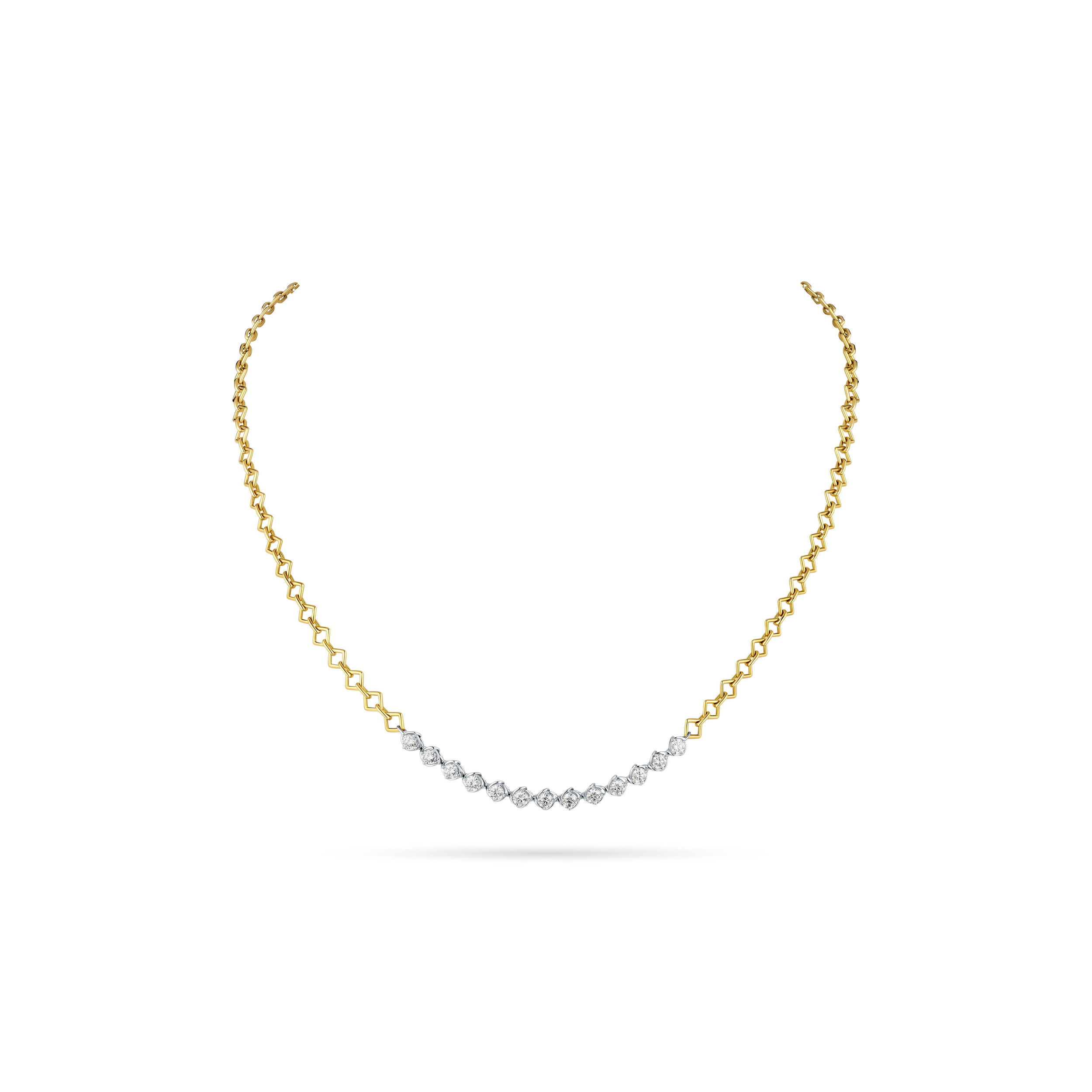 This two-tone necklace features an elegant open kite chain, blending modern design with timeless appeal. Accented with diamonds set in a twisted faux bezel, it offers subtle sparkle and sophisticated texture. A versatile piece that effortlessly elevates both everyday looks and special occasions.-18k Two toned gold-Diamonds, 1.67cts-Chain Length 18"Item# 001-165-01086 Diamond Line Necklace