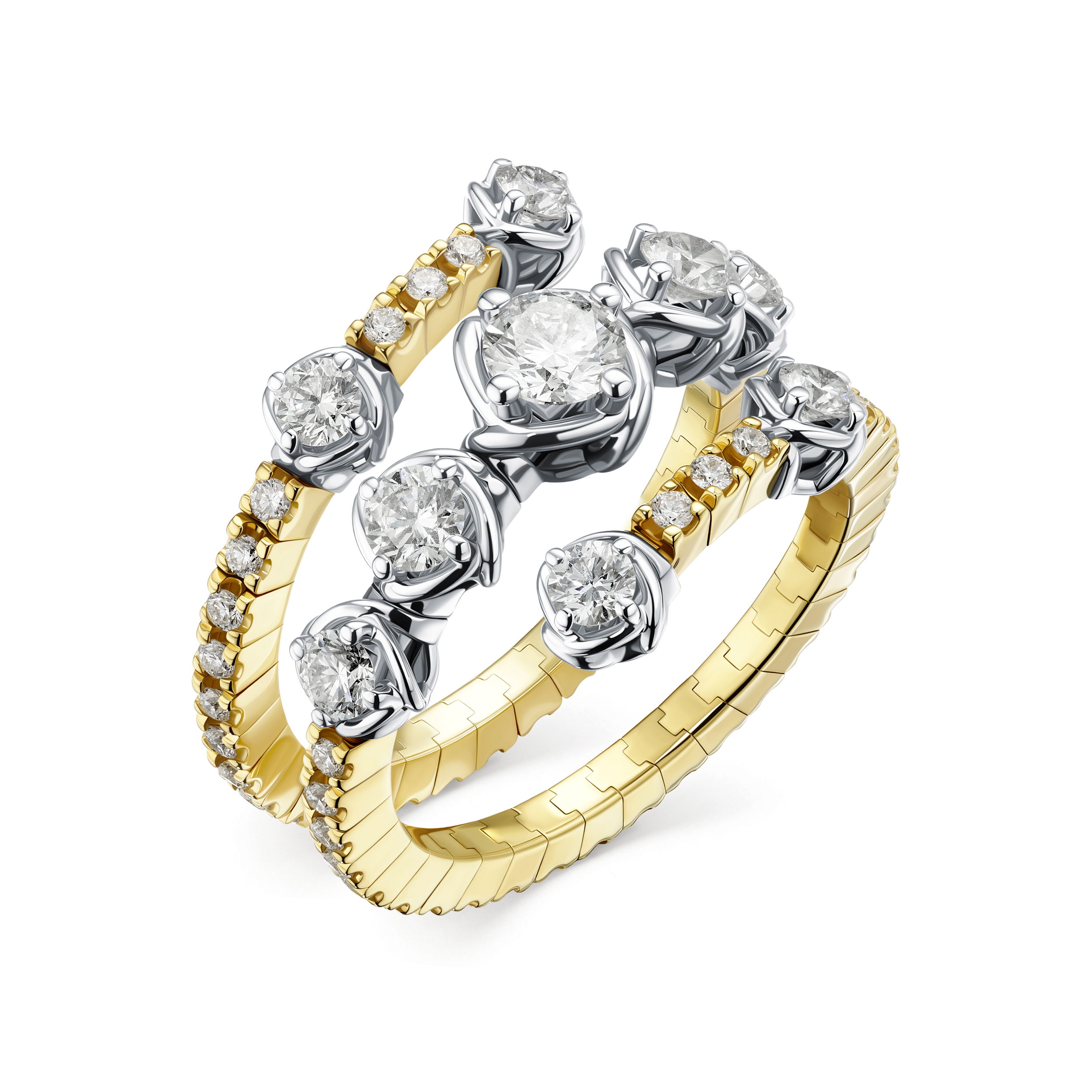 This diamond bypass ring showcases a stunning twist bezel setting, creating a captivating flow of light with every turn. The elegant design combines modern sophistication with timeless appeal, making it the perfect statement piece for any occasion.-18k Two toned gold-Round diamonds, 1.58cts-Size 6.5, Contact for sizing optionsItem# 804-2000119 Bypass Ring