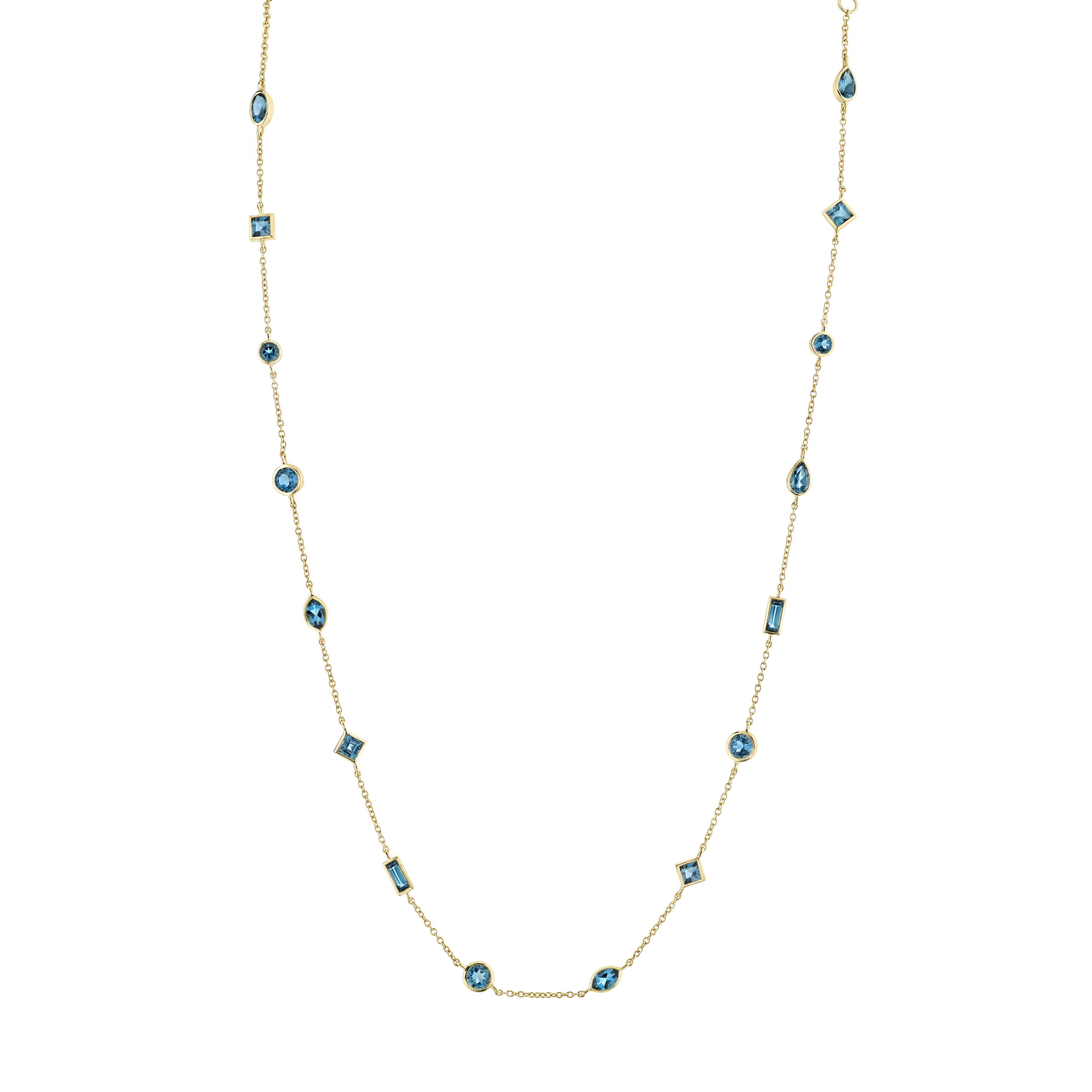 Crafted in Southern California, from everyday wear to special events, this piece’s versatile design ensures it always looks chic.-18k Yellow gold-Mixed shapes London blue topaz, 2.94cts-Chain length, 16"-18"Item# 807-2000170 Chain necklace with London Blue Topaz in Mixed Shapes & Sizes