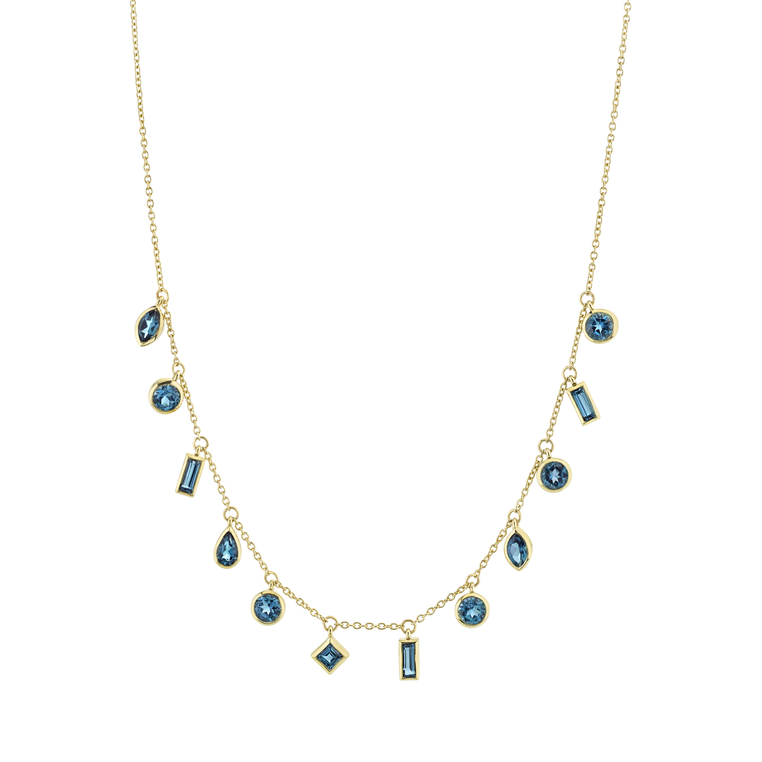 Created in sunny Southern California, every detail of this piece is thoughtfully designed to create a look that is as delicate as it is captivating.-18k Yellow gold-Mixed shape London Blue Topaz, 2.69cts-Chain length, 16"-18"Item# 807-2000171 Chain Necklace with Hanging London Blue Topaz in Mixed Shapes & Sizes