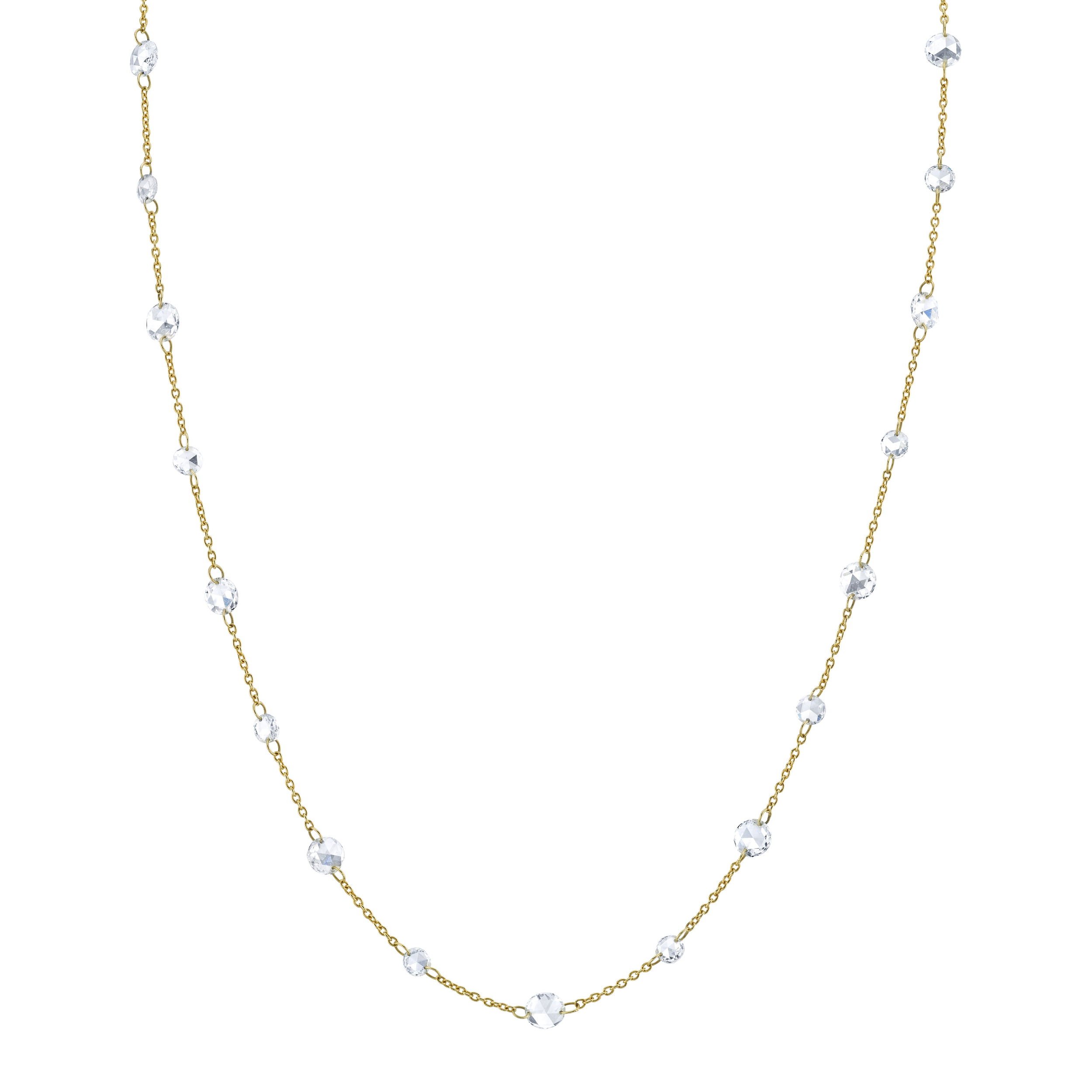Carefully crafted in Southern California this piece is the perfect blend of contemporary design and classic appeal, with the versatility to be worn solo or layered for added style.-18k Rose gold-Round diamonds, 3.71cts-Chain length, 16"-18"Item# 807-2000173 Floating Rose Cut White Diamond & Rose Gold Chain