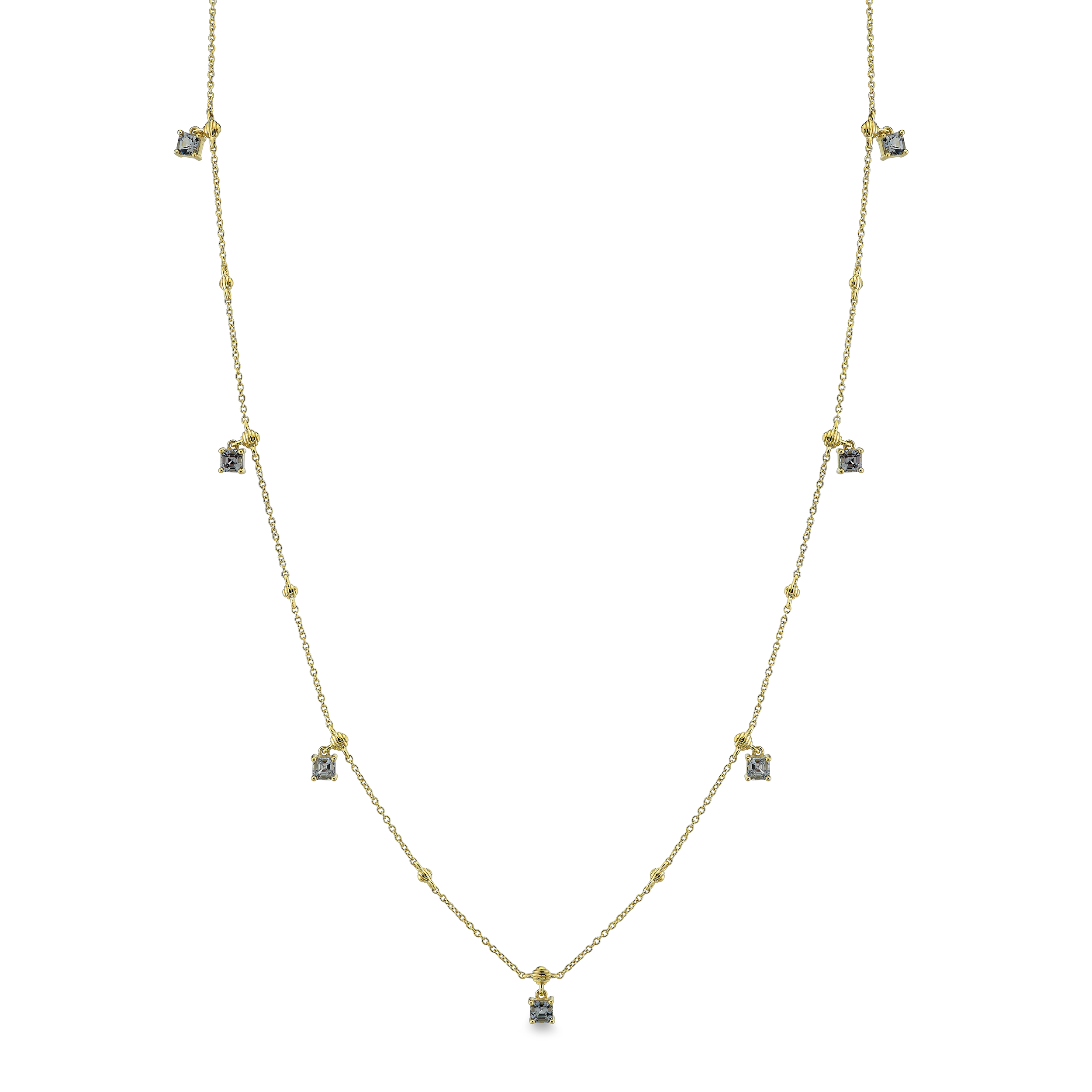 Crafted in Southern California, complete your look with this versatile piece, the perfect finishing touch to any ensemble or layered with your favorite necklaces.-18k Yellow gold-Princess gray spinels, 3.93cts-Chain length, 16"-18"Item# 807-2000176 Strie Cushion Station Chain Necklace with Dangling Grey Spinels