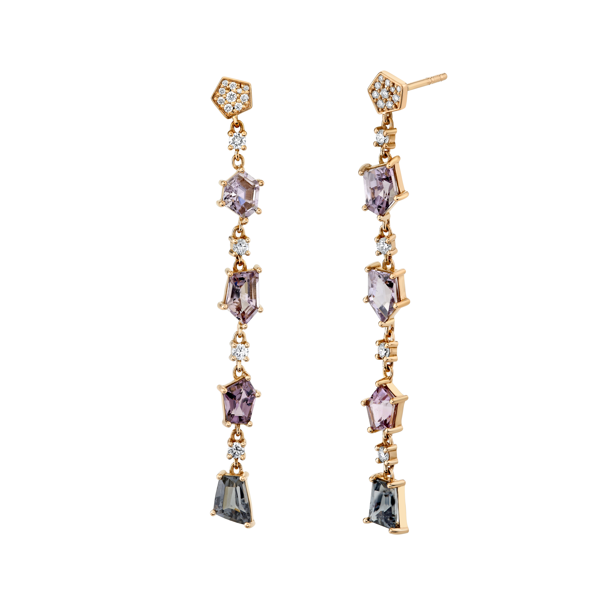 Designed in Southern California, this piece adds a touch of grace to any look, making it an ideal choice for both day and night.-18k Yellow gold-Multi shape pink-grey spinel, 5.08cts-Round white diamonds, 0.34ctsItem# 805-2000272 Multi-Shape Pink-Grey Spinel & Rose Gold Earrings with Pave Diamond Posts
