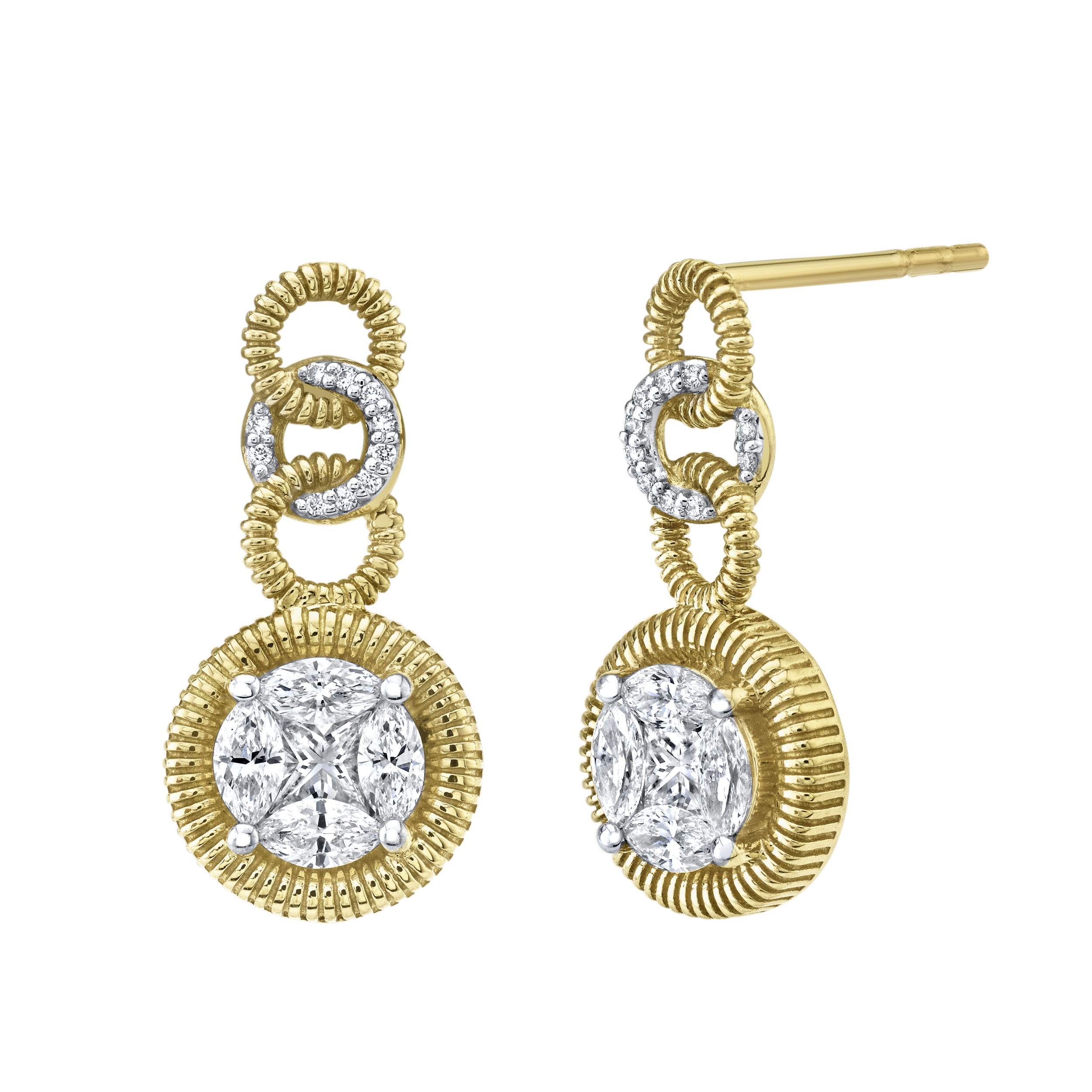Produced in the beauty of Southern California, this piece is made to last, with a classic design that will remain a staple in your collection for years to come.-18k Yellow gold-Round white diamonds, 0.05cts-Square white diamonds, 0.32cts-Marquise white diamonds, 0.50ctsItem# 805-2000274 Diamond & Yellow Gold Link Earrings with Cipriani Drop & Strie Detail