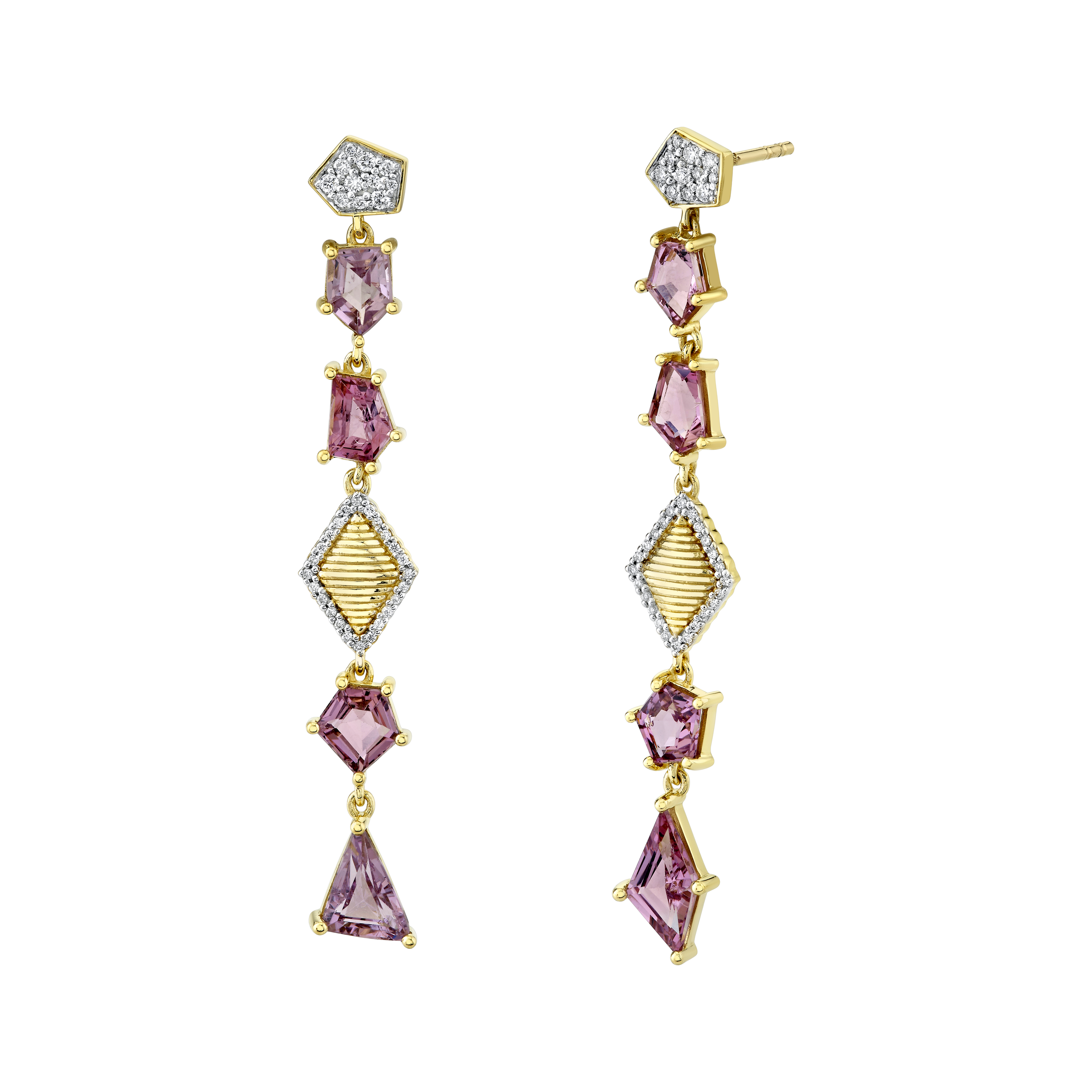Handcrafted in Southern California, crafted for bold style and made to shine through every occasion, this piece offers an enduring sparkle that catches the eye.-18k Yellow gold-Multi shape pink spinel, 4.75cts-Round white diamonds, 0.26ctsItem# 805-2000275 Multi-Shape Pink Spinel & Yellow Gold Earrings with Pave Diamond Posts