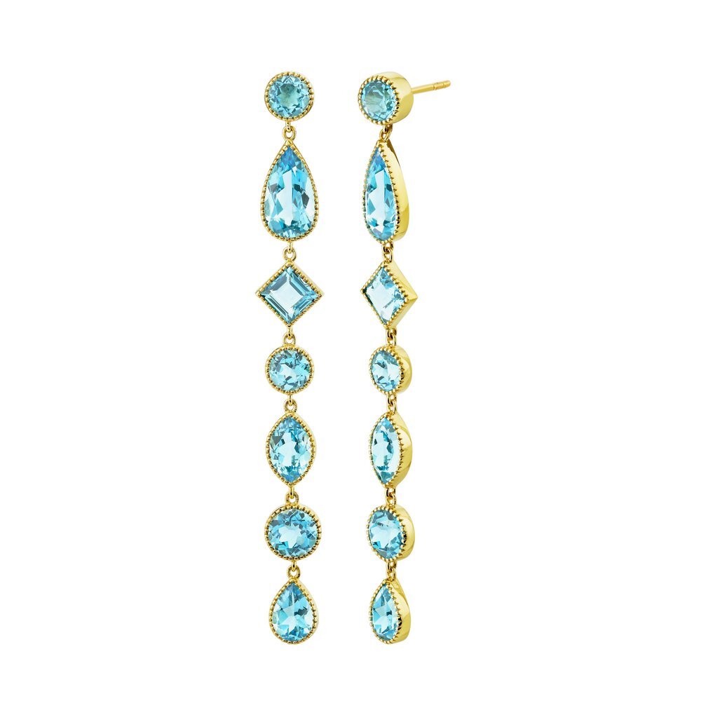 Designed in Southern California, with classic appeal, this piece is perfect for both everyday wear and special occasions, offering a look that never goes out of style.-18k Yellow gold-Mixed shape sky blue topaz, 6.66cts-Dimensions, aprox 70mmItem# 805-2000276 Sky Blue Topaz & Yellow Gold Mixed Shape Drop Earrings