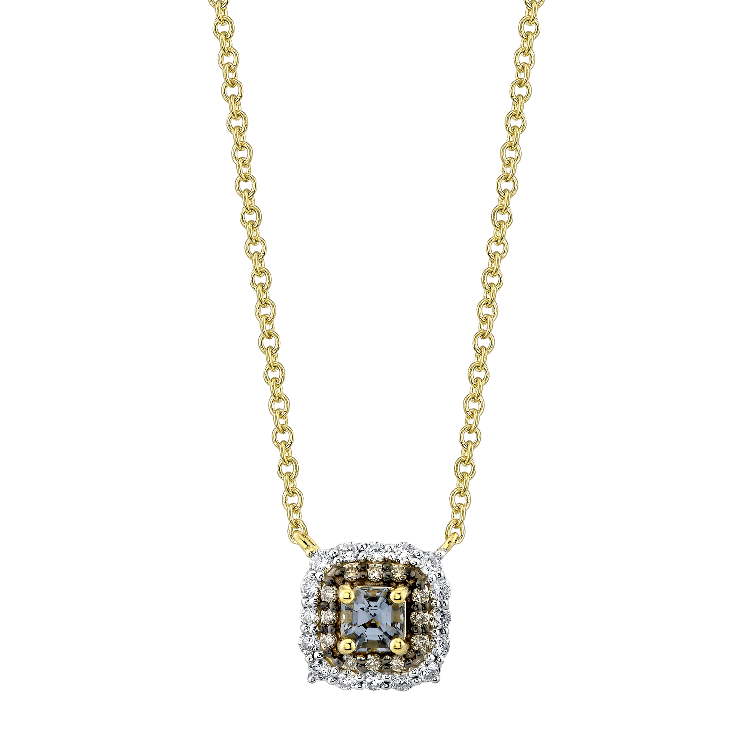 Designed by skilled artisans in Southern California, this piece combines quality materials with exceptional craftsmanship.-18k Yellow gold-Asscher Grey spinel, 0.26cts-Round grey diamonds, 0.06cts-Round white diamonds, 0.16cts-Chain length, 16"-18"Item# 807-2000177 Grey Spinel Pendant Necklace with Grey & White Diamond Halos