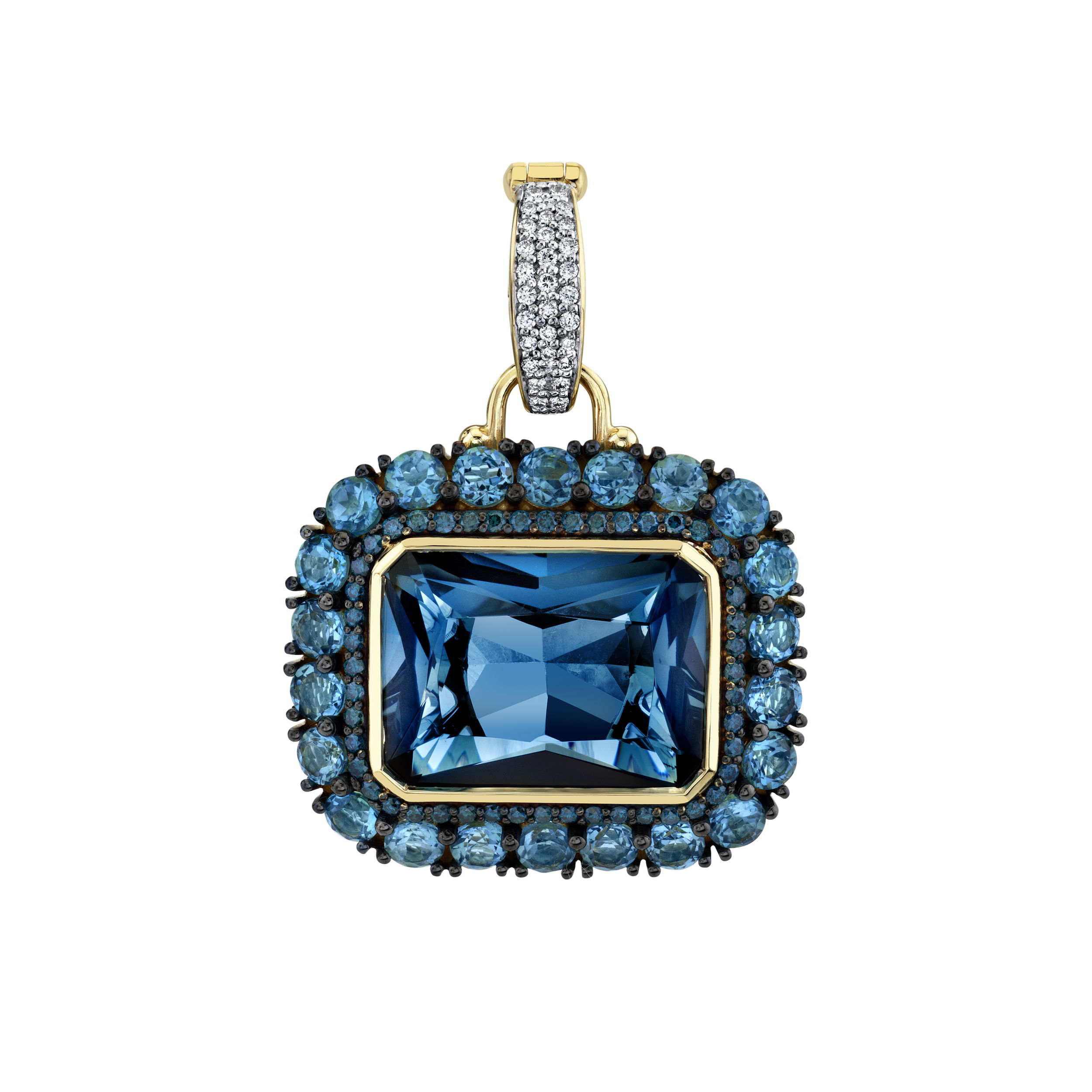 Created in Southern California, with a design that’s both versatile and eye-catching, this piece is sure to delight every time you wear it.-18k Yellow gold-Emerald London blue topaz, 10.90ct-Round Swiss blue topaz, 3.03cts-Round blue diamonds, 0.29cts-Round white diamonds, 0.11ctsItem# 807-2000180 London Blue Topaz Pendant Necklace with Swiss Blue Topaz & Blue Diamond Halo