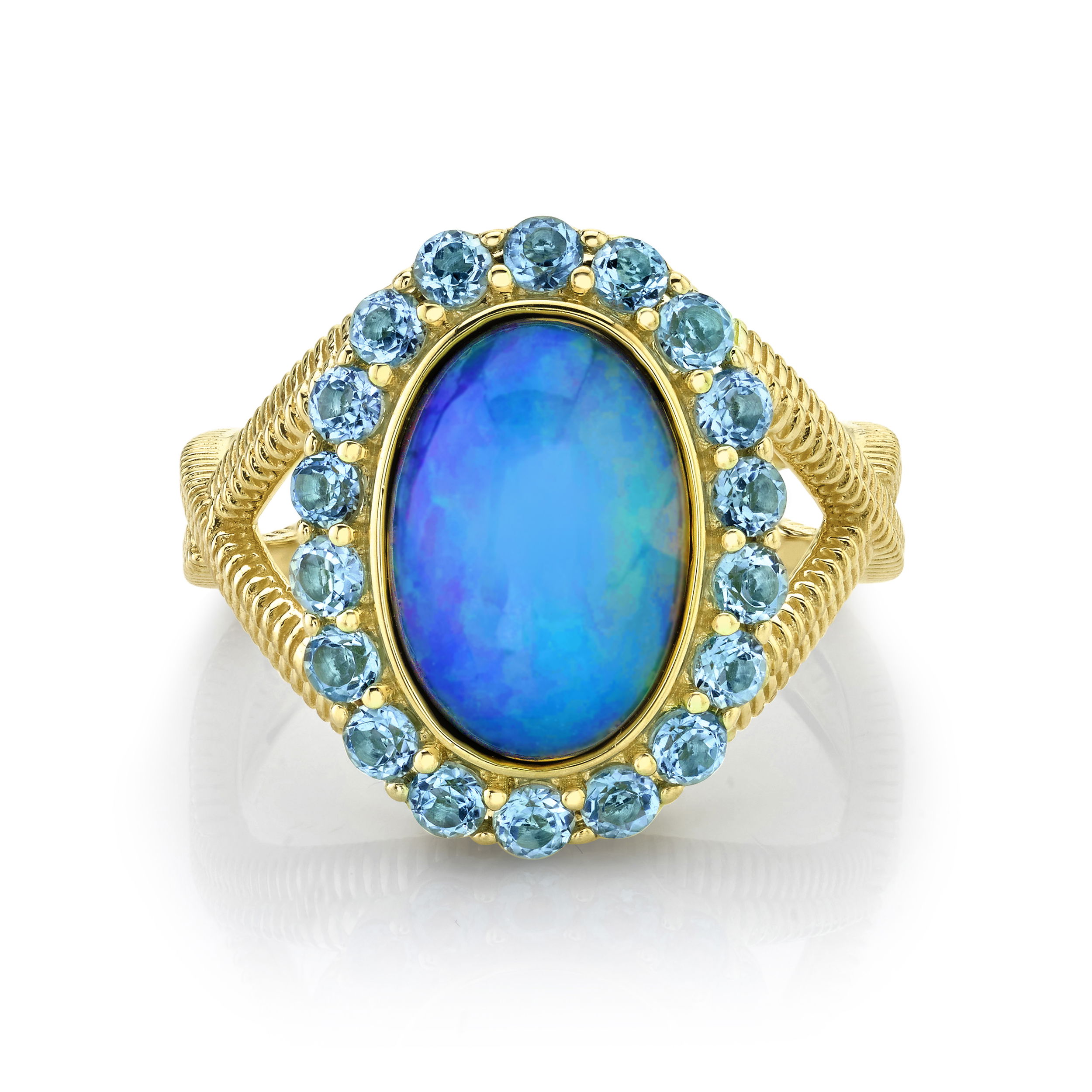 Handcrafted in Southern California, made to shine, this piece is all about bold elegance, with a design that’s meant to stand out and shine in any crowd.-18k Yellow gold-Oval Ethiopian opal, 1.93ct-Round Swiss blue topaz, 0.97cts-Size 6.5Item# 804-2000120 Ethiopian Opal Ring with Swiss Blue Topaz & Strie Shank