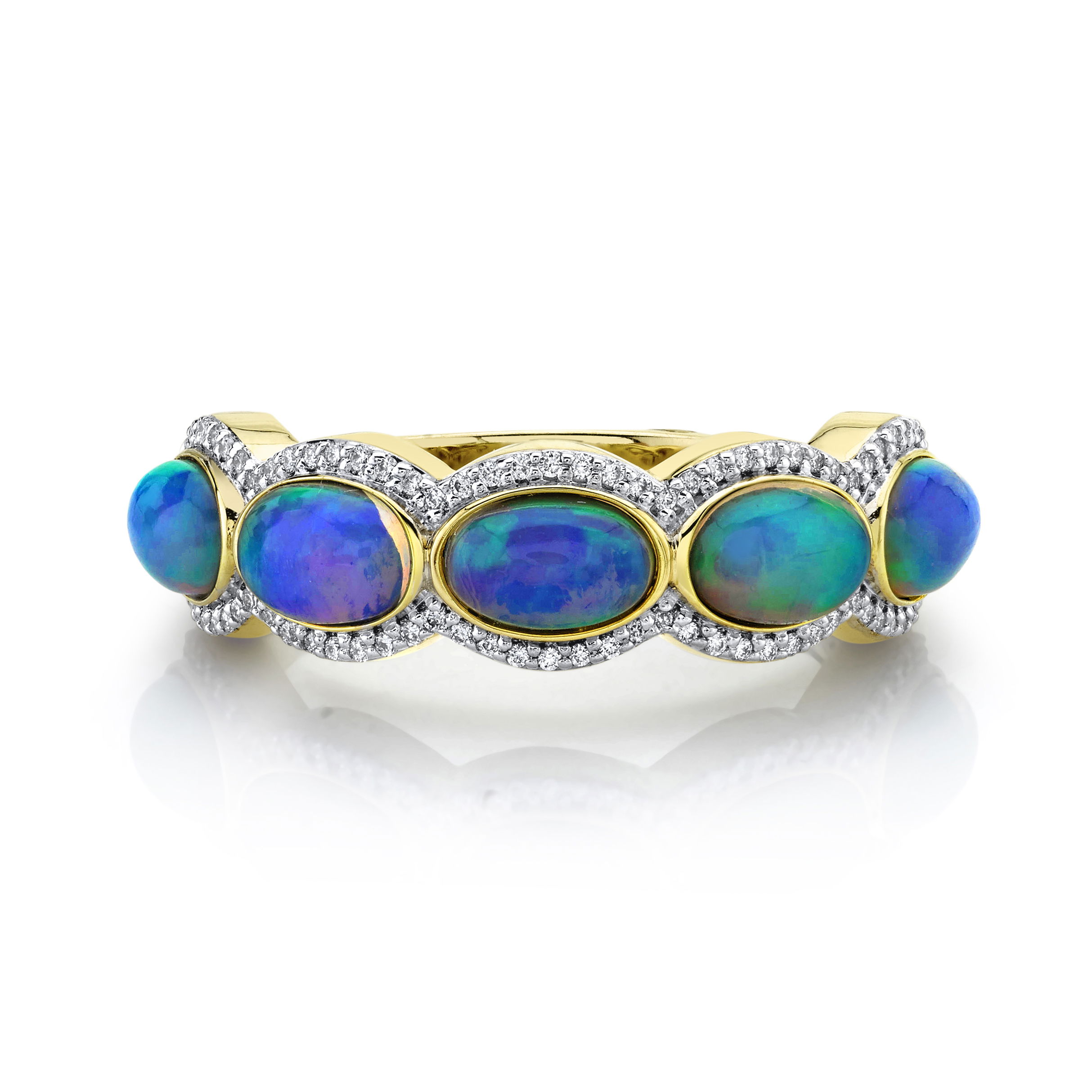 Created in vibrant Southern California, this bold piece is as unique as the person who wears it, offering a striking combination of modern design and timeless appeal.-18k Yellow gold-Oval Ethiopian opals, 1.37cts-Round white diamonds, 0.22cts-Size 6.5Item# 804-2000121 Ethiopian Opal Five-Stone Ring with White Diamond Halo & Strie Shank