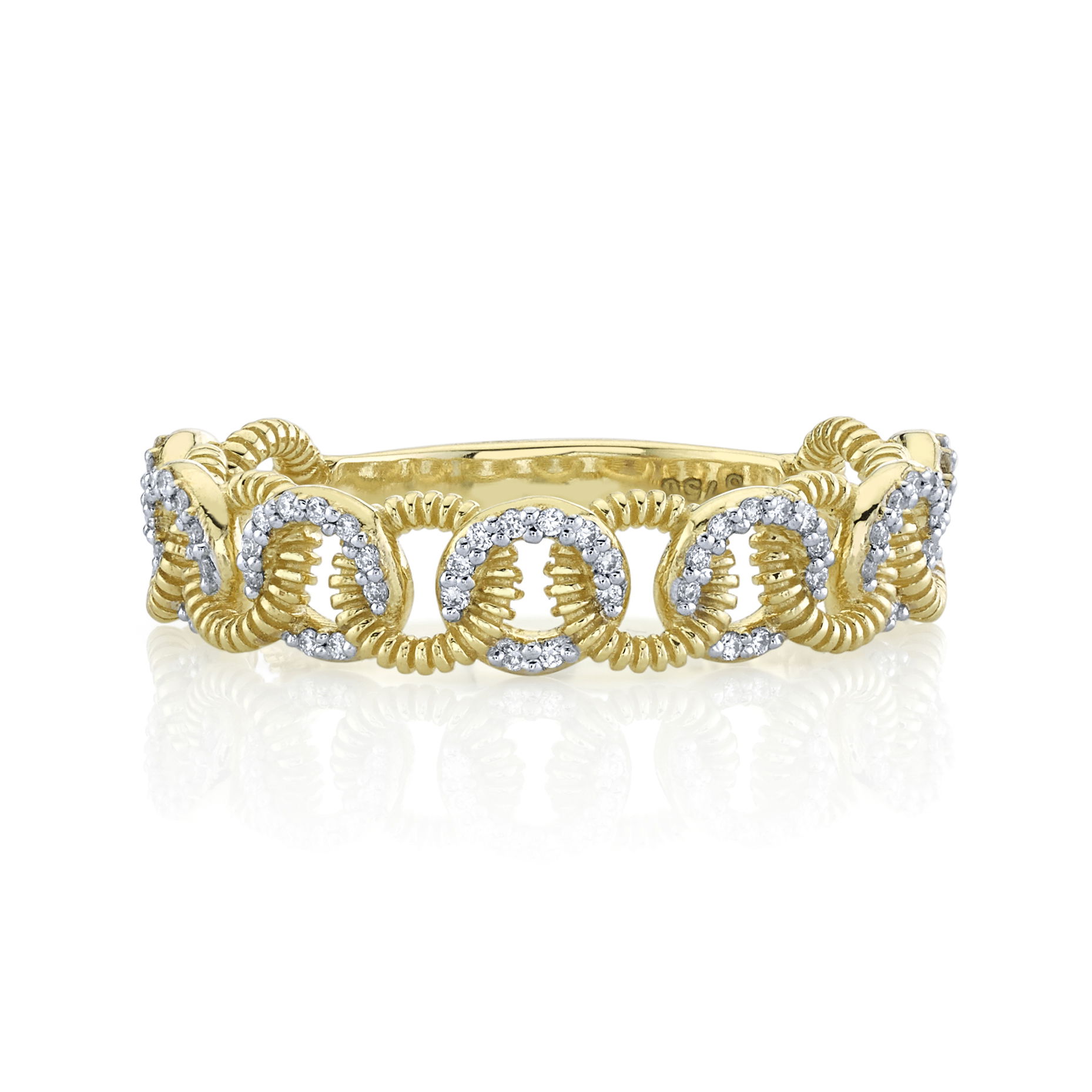 From Southern California, with care, enjoy the luxurious feel of this piece without the weight, making it a comfortable choice for all-day wear.-18k Yellow gold-Round white diamonds, 0.17cts-Size 6.5Item# 804-2000122 White Diamond Ring with Strie Detail