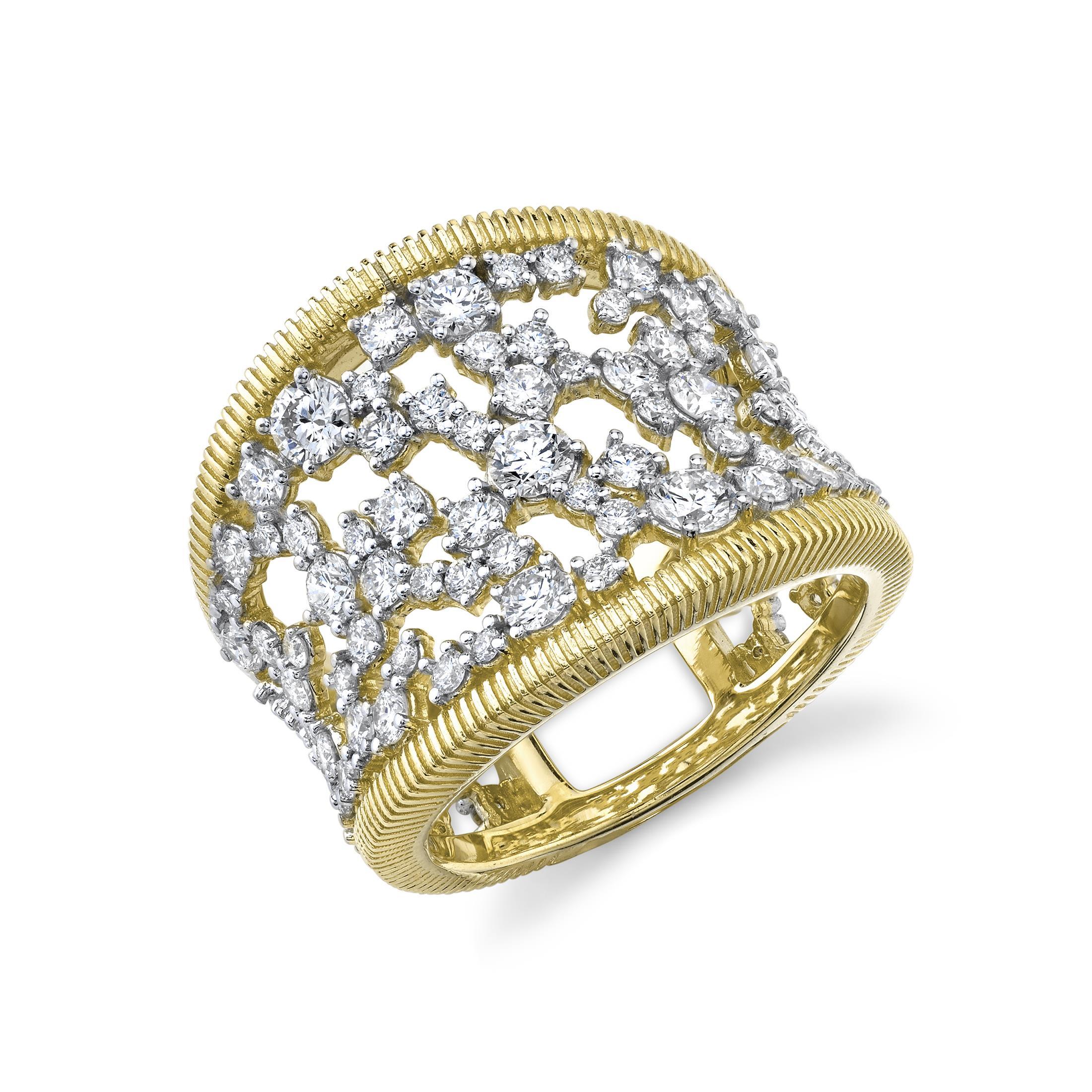 Brought to life in Southern California, this piece captures the essence of refined beauty, offering a subtle radiance that enhances any style effortlessly.-18k Yellow gold-Round white diamonds, 2.15cts-Size 8Item# 804-2000125 Celestial White Diamond Band with Strie Detail