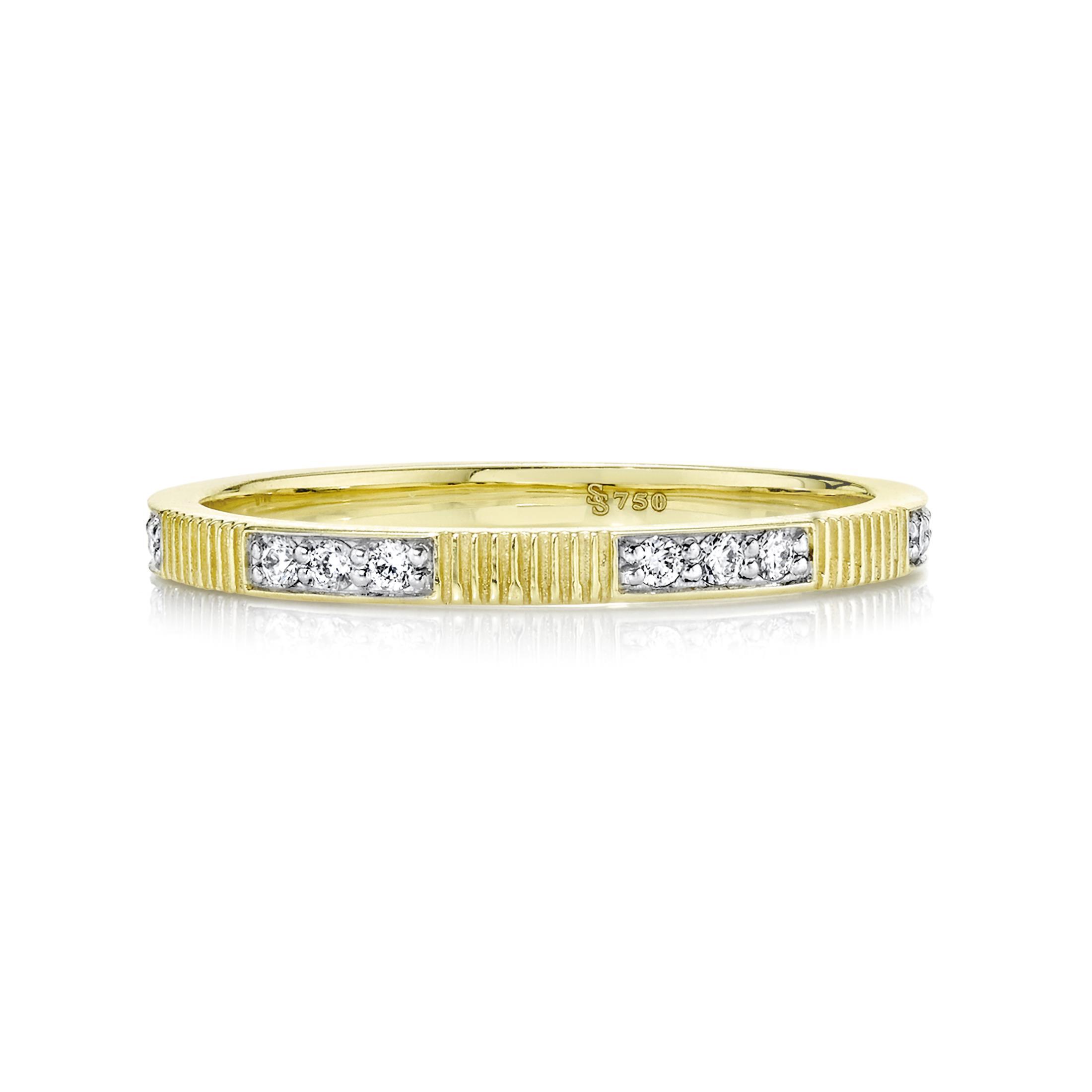 Artfully made in Southern California, this piece offers a touch of elegance that elevates any style, making it a must-have for every jewelry collection.-18k Yellow gold-Round white diamonds, 0.15cts-Size 6.5Item# 804-2000126 Stacker Ring with White Diamond & Strie Detail