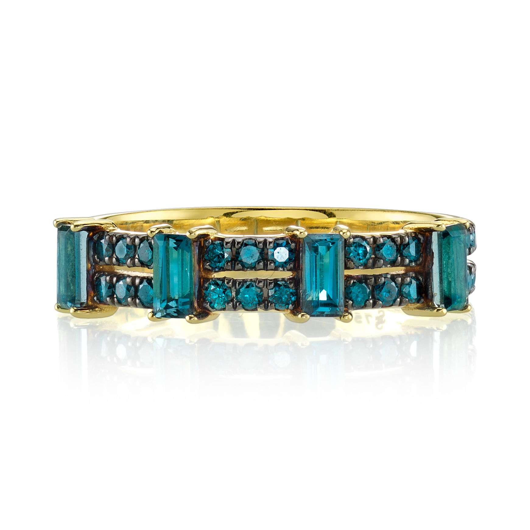 Expertly designed in Southern California, with attention to detail, this piece is a testament to fine craftsmanship and enduring style.-18k Yellow gold-Round blue diamonds, 0.43cts-Baguette London blue topaz, 0.93cts-Size 6.5Item# 804-2000127 London Blue Topaz & Blue Diamond Detail Band