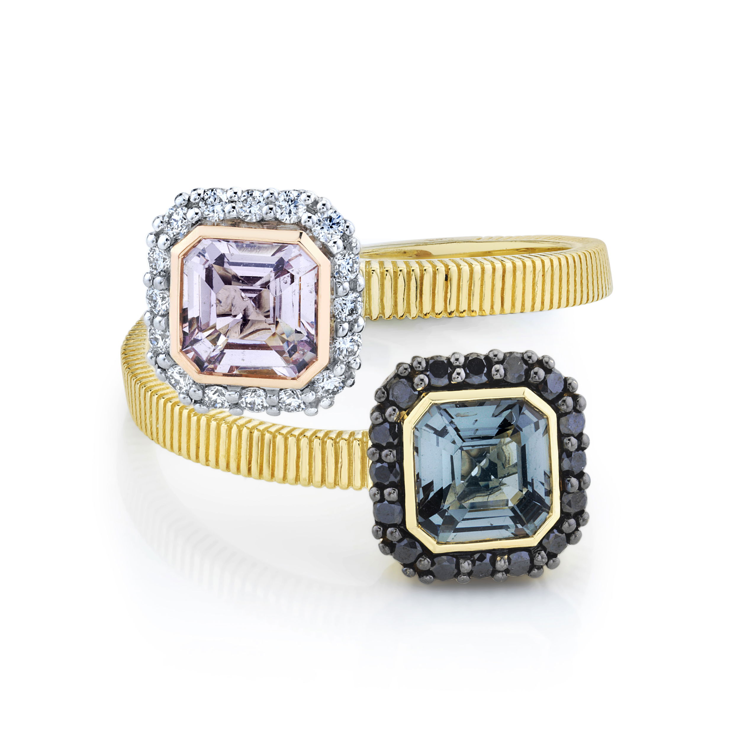 Handcrafted in Southern California with its bold design and captivating details, this piece is made for those who appreciate statement-making style.-18k Yellow gold-Asscher rose spinel, 0.88ct-Asscher grey spinel, 0.88ct-Round white diamonds, 0.16cts-Round black diamonds, 0.17cts-Size 7Item# 804-2000128 Bypass Ring with Rose Spinel withWhite Diamond Halo & Grey Spinel with Black Diamond Halo