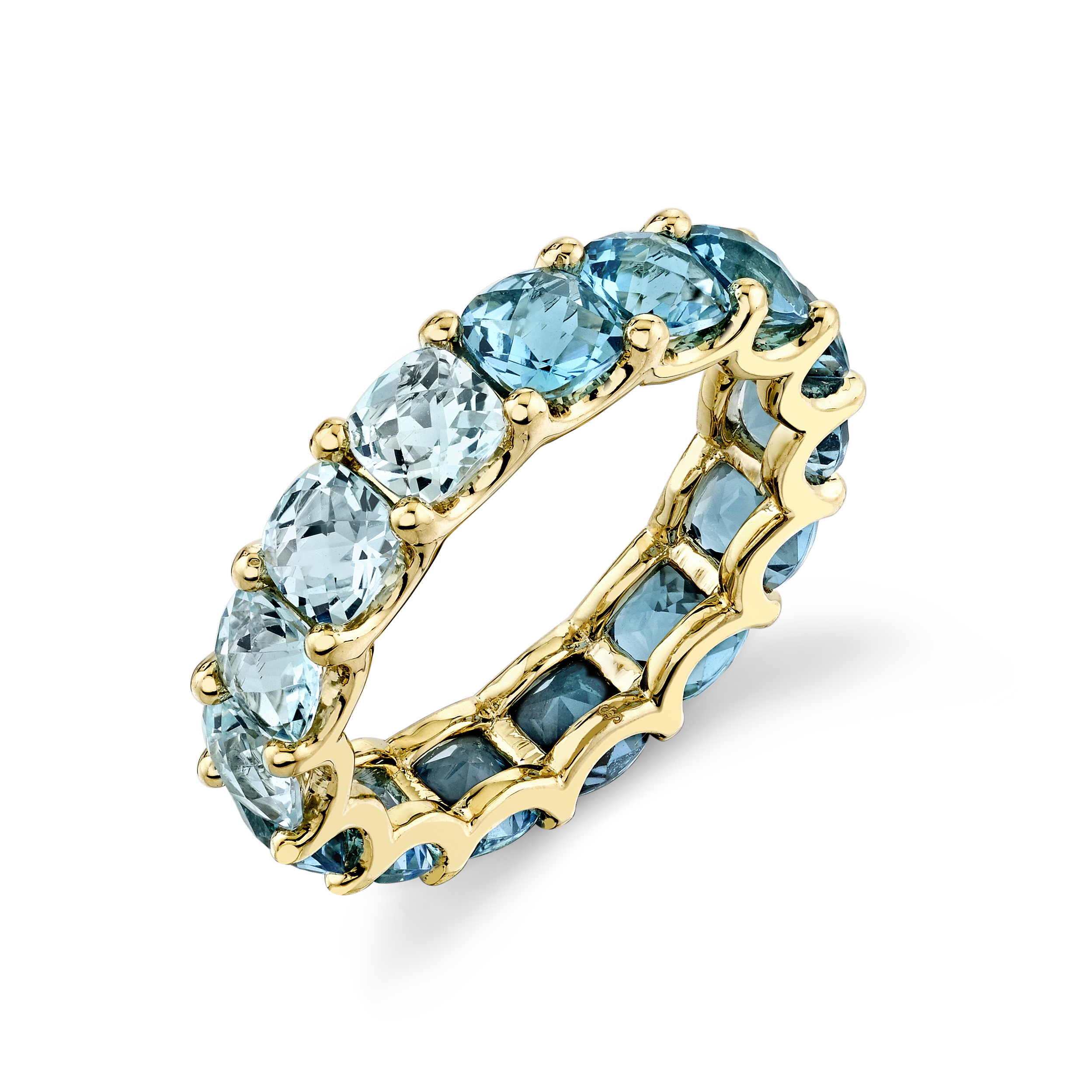 From Southern California, this piece adds a hint of luxury to every moment, whether it's a special occasion or just another day.-18k Yellow gold-Graduated blue topaz, 6.54cts-Size 7Item# 804-2000130 Graduated Blue Topaz Cushion Eternity Band