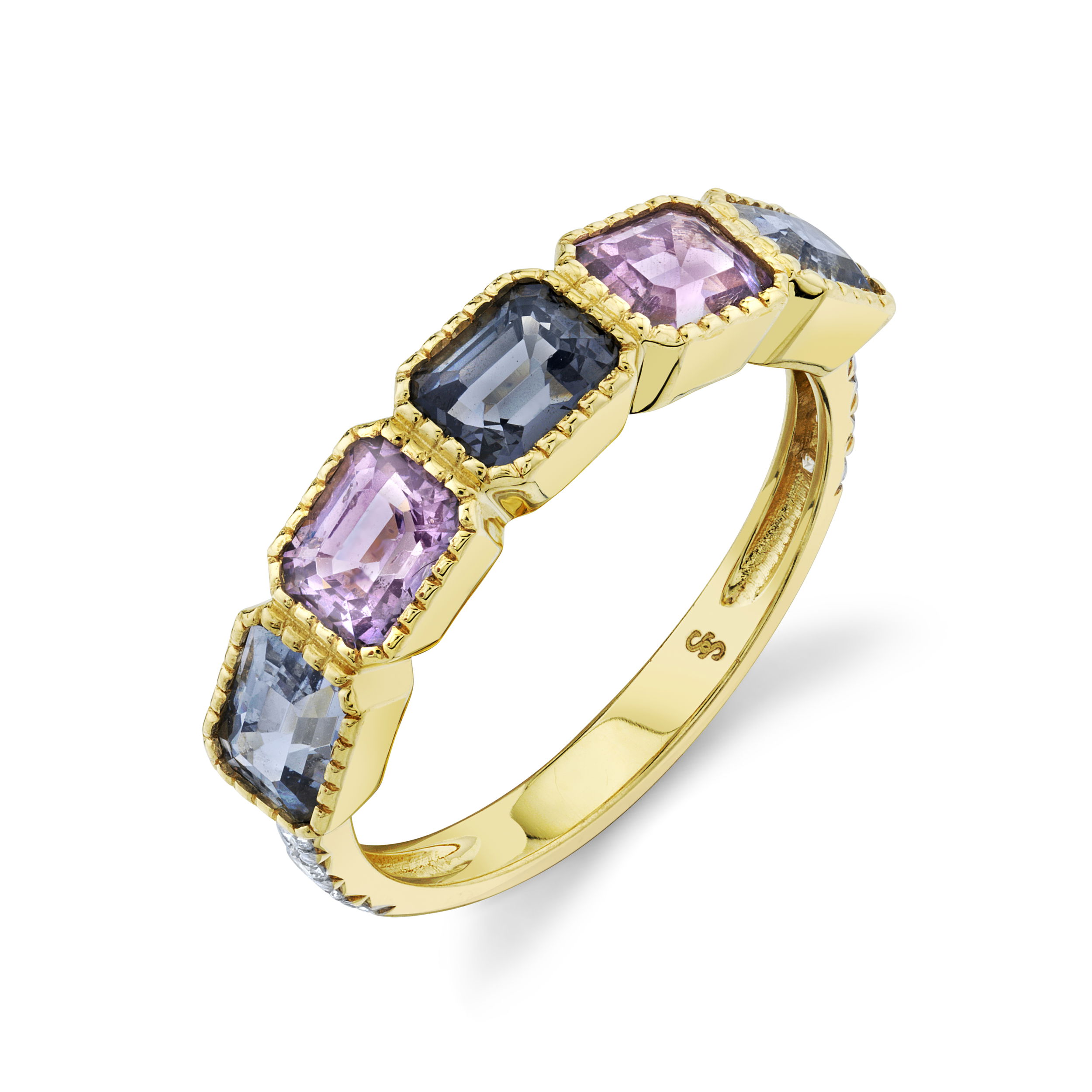 Meticulously made in Southern California, this piece offers a modern take on a classic design, making it the perfect blend of style and sophistication.-18k Yellow gold-Emerald cut gray and rose spinel, 2.84cts-Round white diamonds, 0.13cts-Size 7Item# 804-2000133 Wrapped Five-Stone Grey & Rose Spinel Band with White Diamond Detail