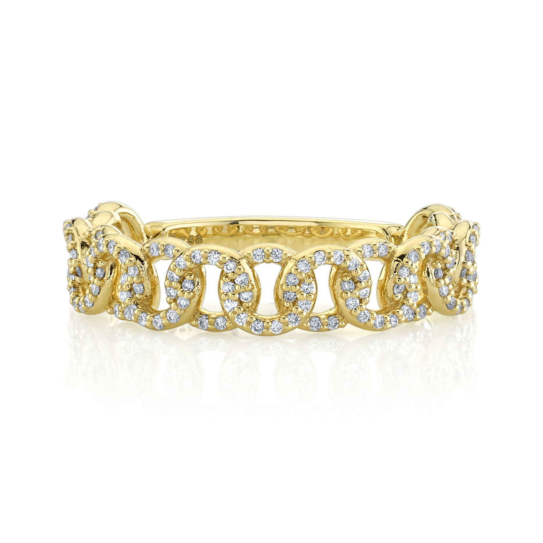 Produced in the beauty of Southern California, this piece adapts to any style, whether you’re dressing up for a special event or adding a touch of elegance to your everyday look.-18k Yellow gold-Round white diamonds, 0.38cts-Size 6.25Item# 804-2000135 Diamond Link Ring