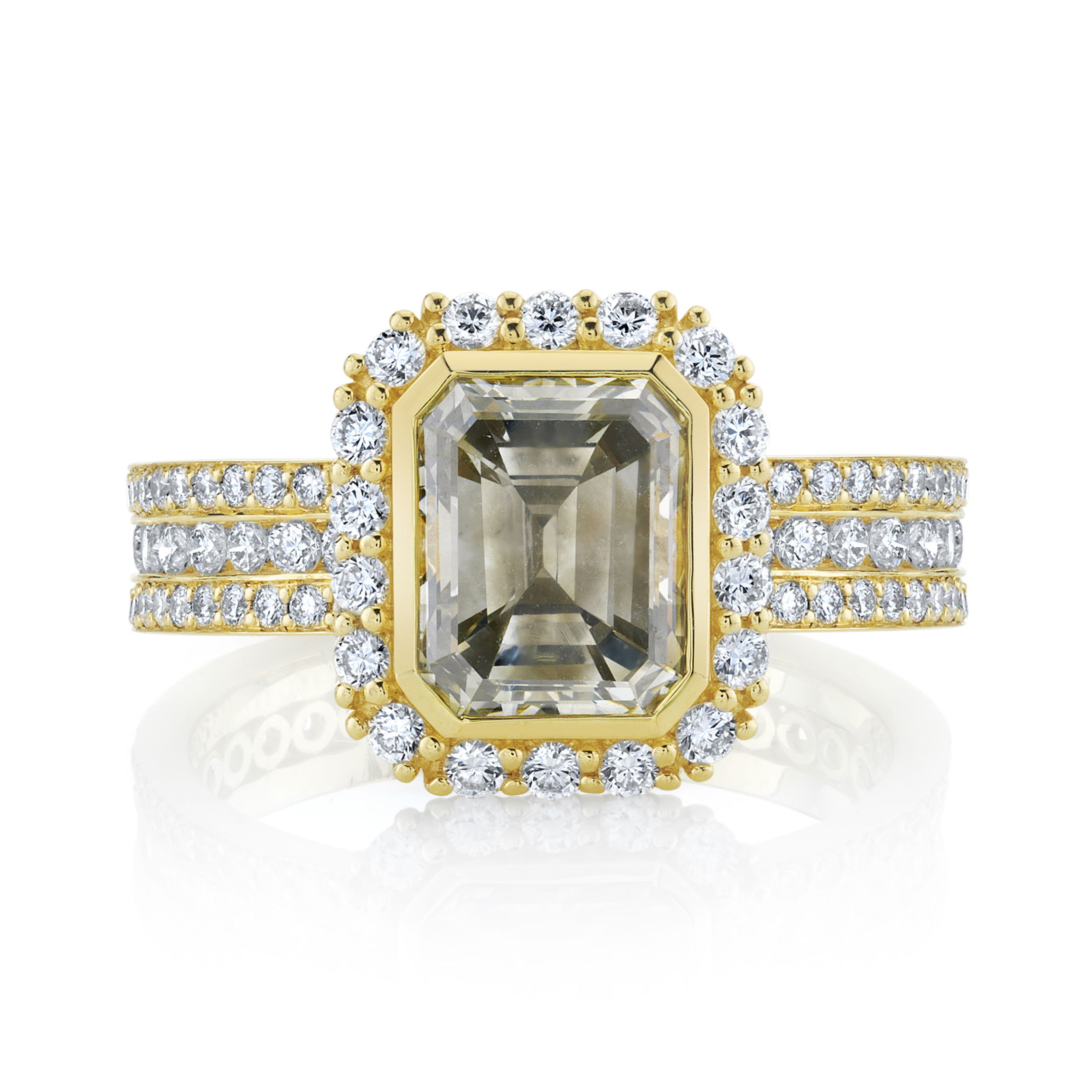 Brought to life in Southern California, with just the right amount of sparkle, this piece brings a hint of glamour to any outfit, from jeans and a tee to a little black dress.-18k Yellow gold-Emerald cut grey diamond, 2.1cts-Round diamonds, 1.12cts-Size 6.5Item# 804-2000137 Grey Diamond Ring with White Diamond Halo & Triple-Row Band