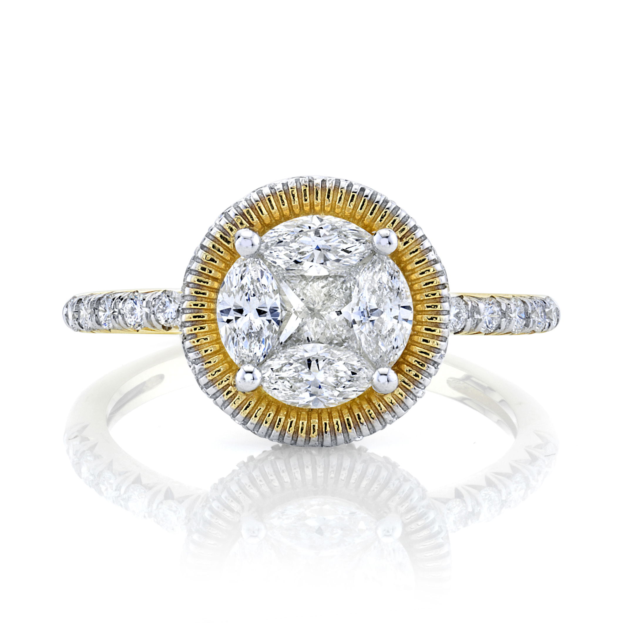 Created in Southern California and perfected for the bold, this statement piece brings together strong design elements and meticulous craftsmanship, offering a look that can’t be ignored.-18k Yellow gold-Princess white diamond, 0.31ct-Marquise diamonds, 0.50cts-Round diamonds, 0.40cts-Size 6.5Item# 804-2000139 Cipriani Diamond Ring with Strie Halo & French Pave Detail