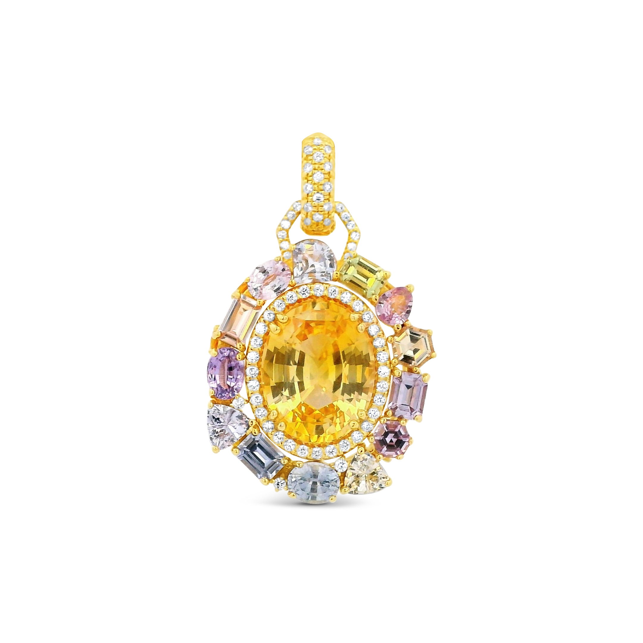 Erica Courtney presents this 18k yellow gold pendant featuring a radiant yellow sapphire center, encircled by vibrant, multicolored sapphires. Bold and lively, it brings a joyful splash of color to any look. Chain sold separately.-18k Yellow gold-Yellow sapphire, 4.29ct-Sapphires, 1.23ctsItem# 806-2000076 Halo of Joy Pendant