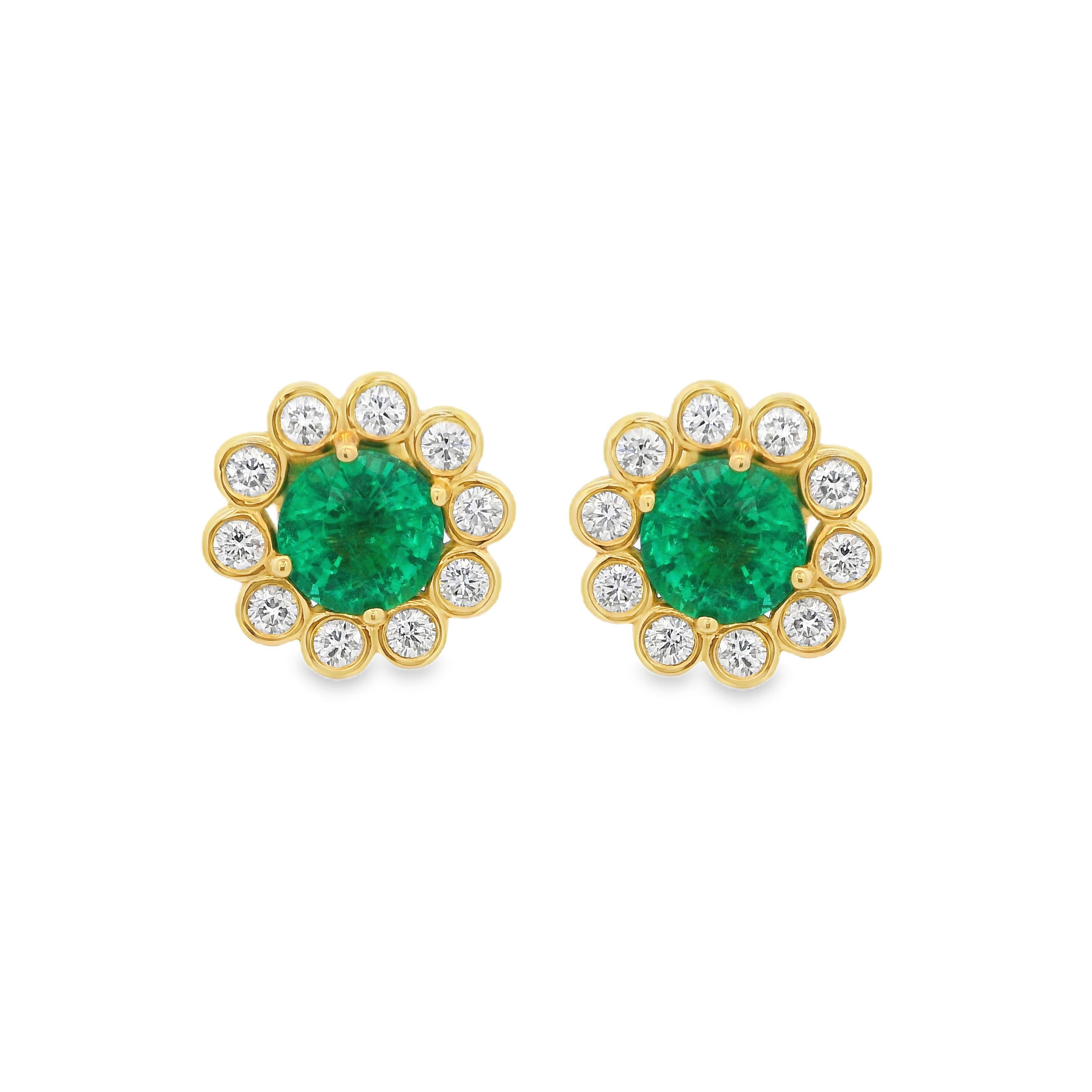 Erica Courtney presents these 18k yellow gold stud earrings featuring vibrant emeralds accented by round diamonds. Elegant and timeless, they bring a touch of refined sparkle and color to any look.-18k Yellow gold-Emeralds, 2.73cts-Round diamonds, 1.36ctsItem# 805-2000280 Kathy Stud Earrings