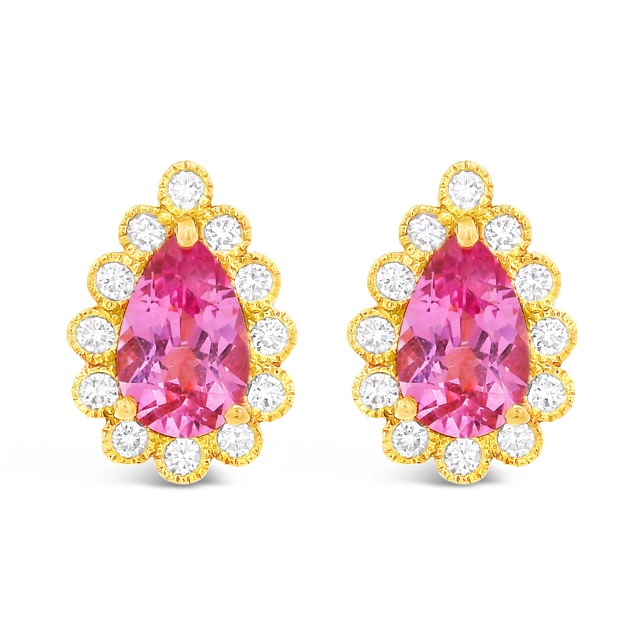 Erica Courtney presents these stunning earrings featuring pink sapphires paired with sparkling round diamonds. Their delicate sparkle and rosy hue make them a charming choice for adding elegance to any look.-18k Yellow gold-Pink sapphires, 2.20-Round diamonds, 0.58ctsItem# 805-2000281 Raindrop Stud Earrings
