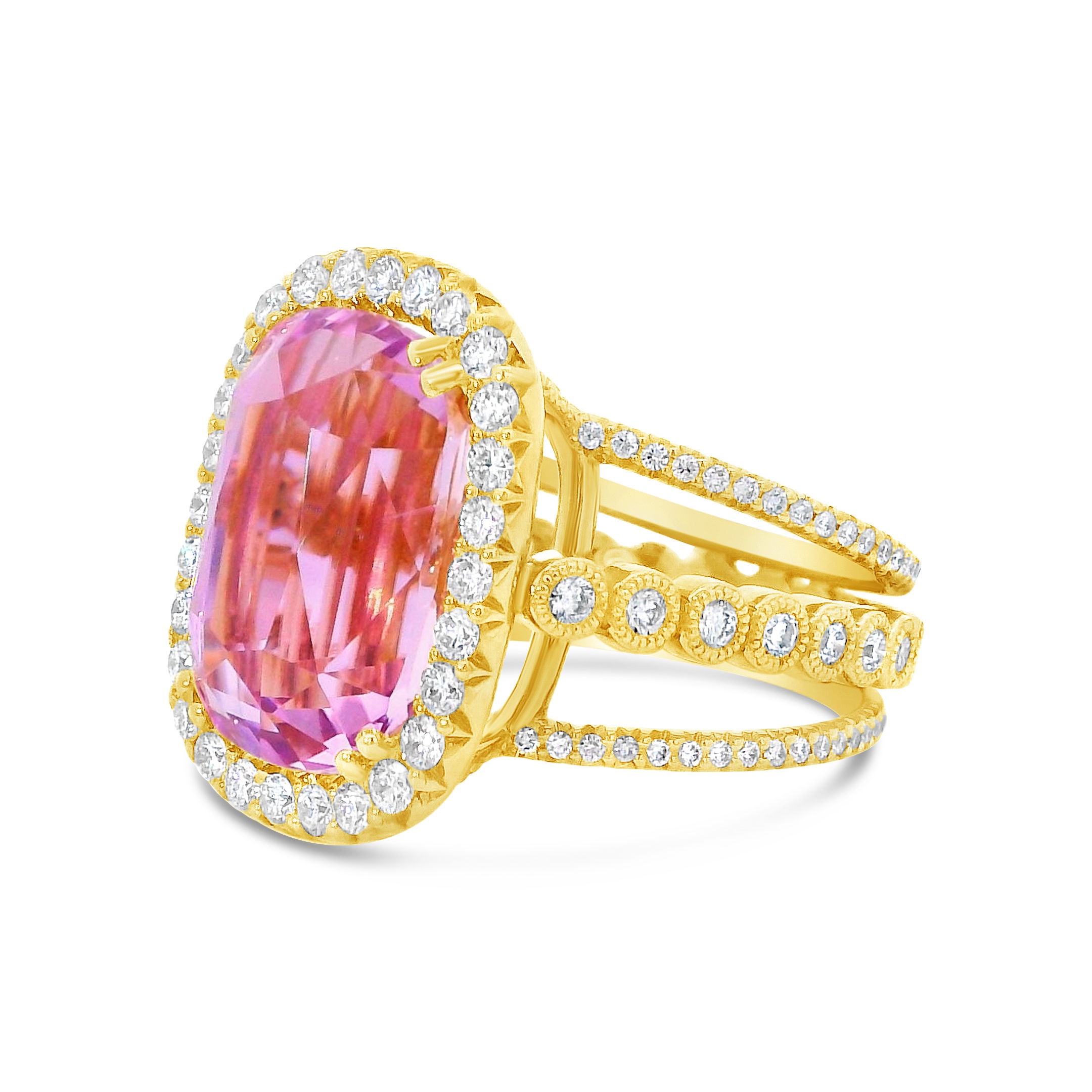 Erica Courtney presents this 18k yellow gold ring featuring a captivating kunzite center stone, framed by shimmering round diamonds. With its soft pink hue and elegant sparkle, this piece adds a graceful touch to any ensemble.-18k Yellow gold-Kunzite, 15ct-Round diamonds, 1.70cts-Size 7.5Item# 200-2000032 Teresa Cathedral Ring
