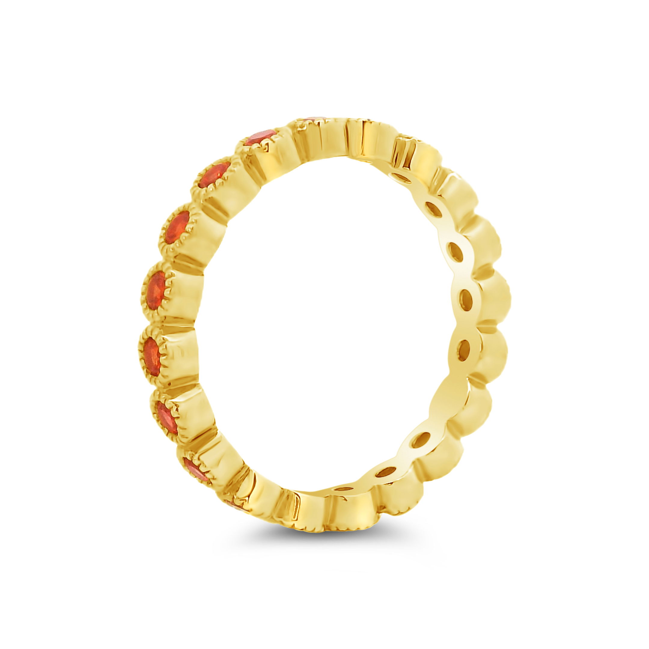 Erica Courtney presents this 18k yellow gold ring adorned with vivid orange sapphires. Bold and radiant, it adds a warm pop of color to any style.-18k Yellow gold-Orange sapphire, 0.85cts-Size 7.5Item# 804-2000140 Bezel Eternity Band