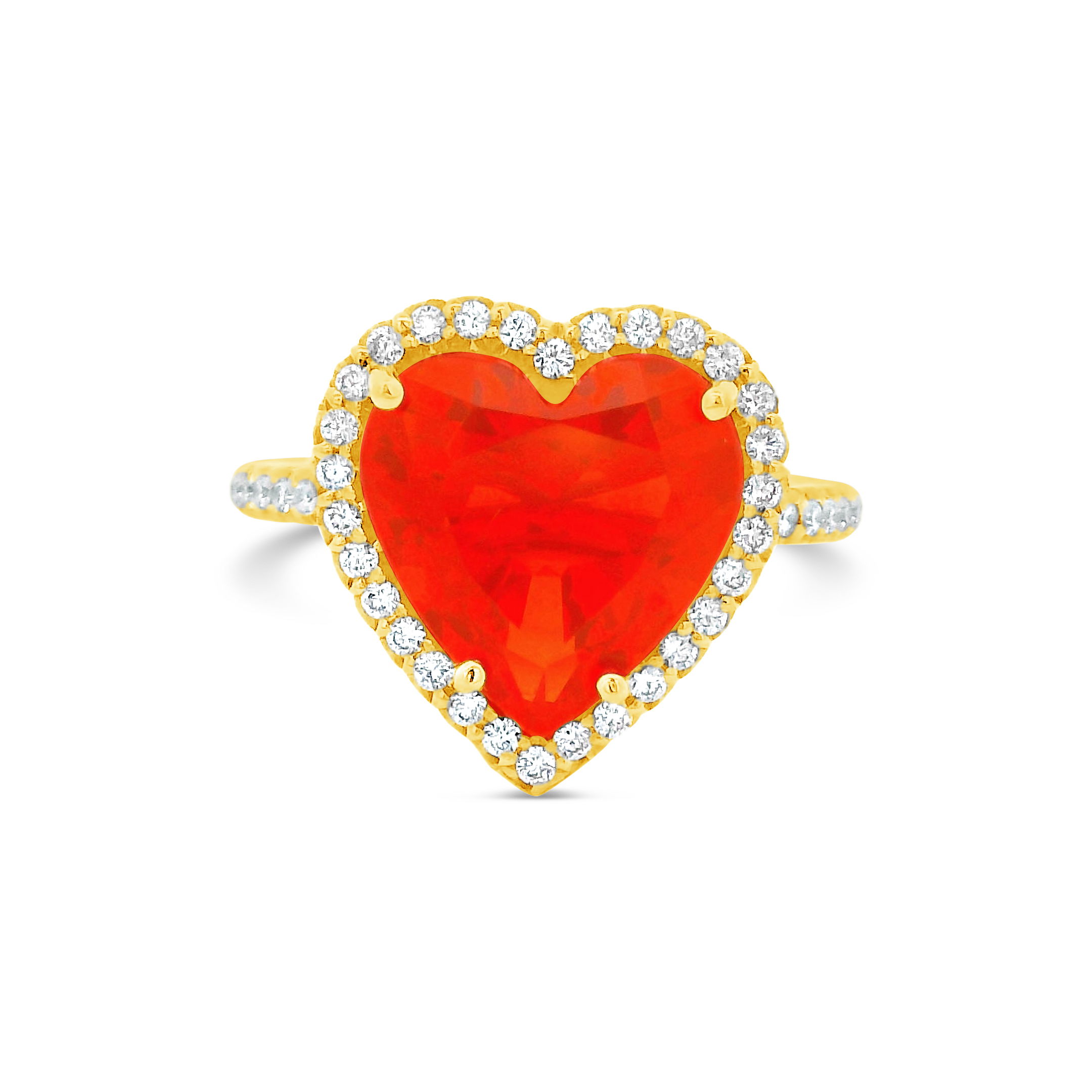 Erica Courtney presents this 18k yellow gold ring showcasing a vibrant fire opal accented with sparkling round diamonds. Bold and captivating, it adds a fiery touch of elegance to any ensemble.-18k Yellow gold-Fire opal, 5.18ct-Round diamonds, 0.78cts-Size 7Item# 804-2000141 Emani Heart Ring